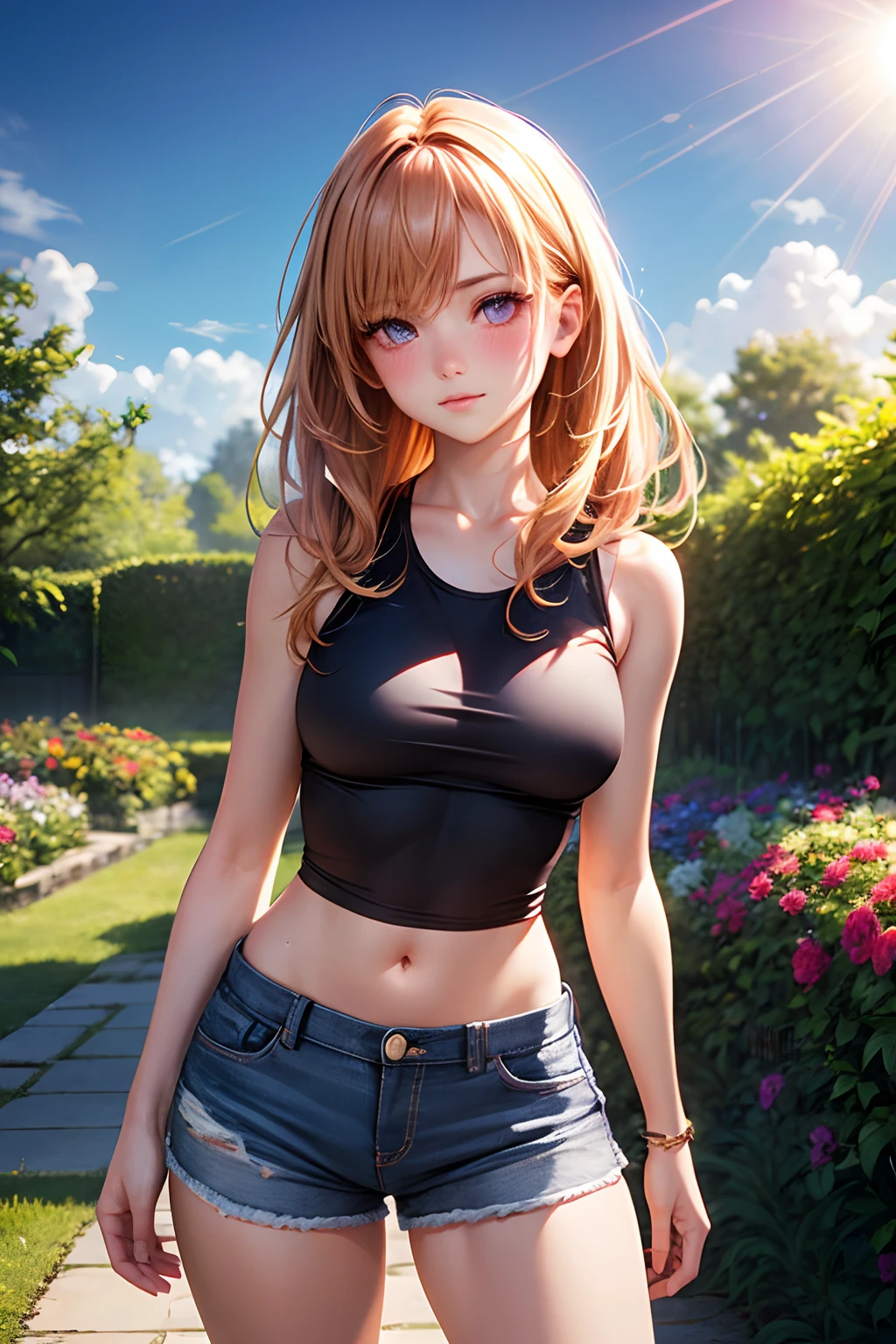 realistic, 1girl, strawberry blonde hair, purple eyes, glowing eyes,sleeveless, black crop top, shorts, blush, garden, flowers, sun, sunlight