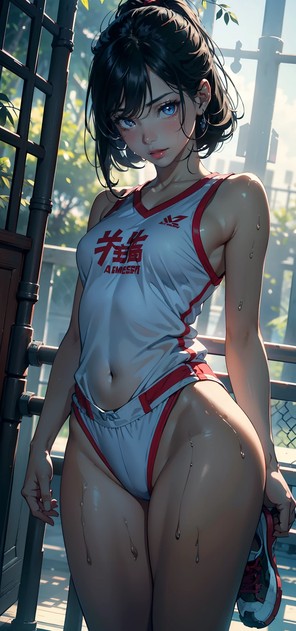 1female,for 6 years old,Small loli,Big breasts Thin waist,long leges,Raised sexy,Pornographic exposure, 独奏,(Background with:bamboo forrest,basketball playground) She has very short black hair,standing on your feet,Sweat profusely,drenched all over the body,seen from the front, hair straight, mostly cloudy sky,(((tmasterpiece),(Very detailed CG unity 8K wallpaper),best qualtiy,cinmatic lighting,detailed back ground,beatiful detailed eyes,Bright pupils,(Very fine and beautiful),(Beautiful and detailed eye description),Black eyes,Redlip,ultra - detailed,tmasterpiece,)),facing at camera,(The upper part of the body),A high resolution,ultra - detailed),revealing breasts,Bare genitalia, Bulge,legs are open,sexyposture,Camel toes,Flushed complexion,Open-mouthed,frontage,elementary student,(Wearing:Blue basketball sportswear set,Basketball shoes),Full body photo,Show shoes