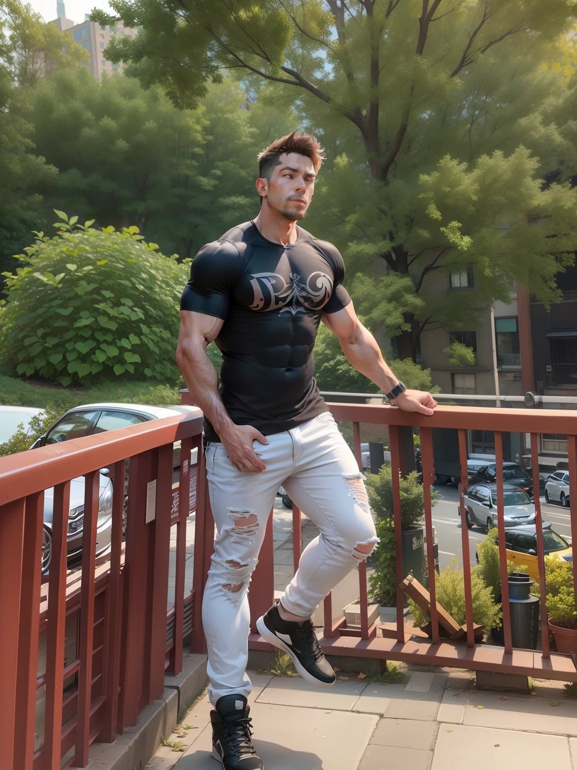 "Imagine a photo of an extremely attractive and muscular man walking on a busy New York street, captured with a Canon EOS 5D Mark IV with an aperture of f/1.8, shutter speed of 1/200 and ISO 100. He's dressed in a tight white shirt that highlights his well-defined muscles and dark jeans. His brown hair is a little messy from the wind, and he has a confident expression on his face. He's carrying a black leather backpack on one shoulder. The street is flanked by tall brick buildings, and the sidewalk is filled with people of all ages and walks of life. There is a yellow taxi passing on the street. The scene is under the soft light of the sunset, creating a beautiful effect of light and shadow. The scene should look as if it were captured with a high-quality DSLR camera, in an ultra-photorealistic style with intricate detail and a depth of field effect --chaos 1 --hd --ar 16:9 --iw:3 --no glasses. The image should have a street photography style, with vibrant colors and a balanced contrast, providing a sense of movement and life in the city."