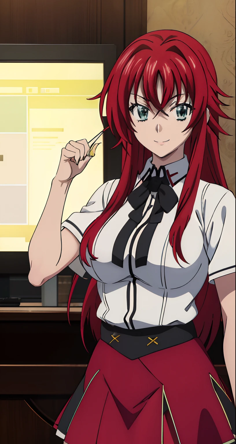 (((picture perfect))), (absurdres), 1girl, solo, rias gremory, school uniform, red skirt, looking at viewer, smile, (((upper body)))