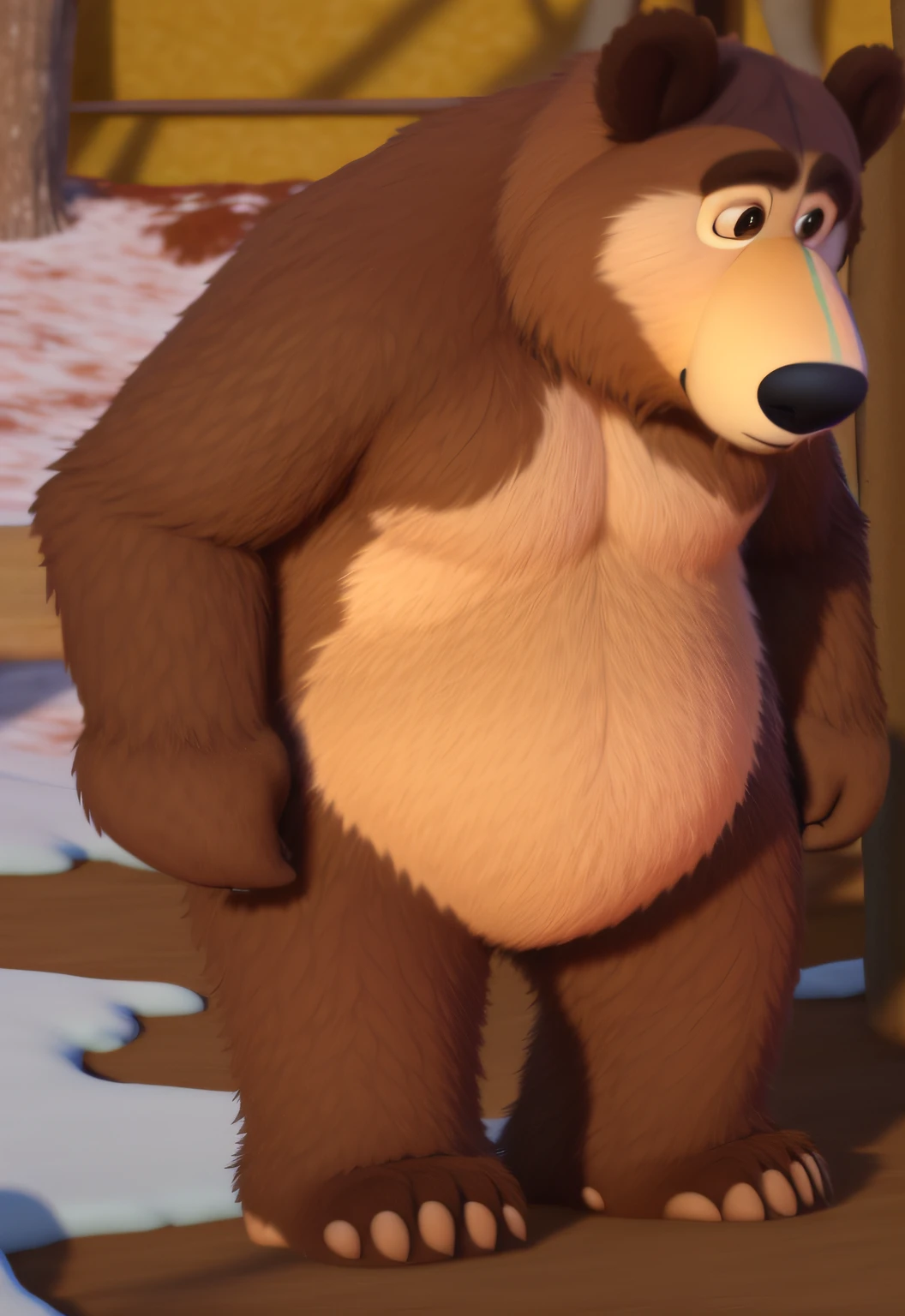 Un primer plano de un oso parado en la nieve, furry brown body, Representado como un personaje de Pixar, Giant Bear Human Hybrid, Estilo zootopia, frame from pixar movie, animated movie scene, Estilo de zootopia. Quitar el fondo y solo conservar al oso.