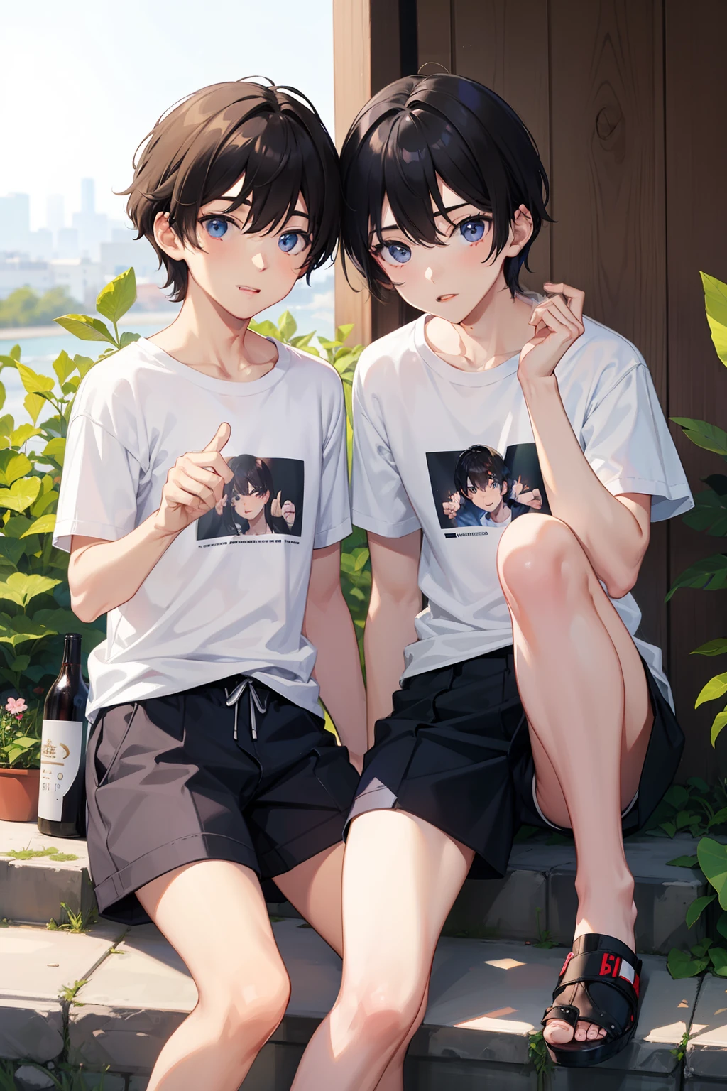 Official art, ​masterpiece, realisticlying，Two 18-year-old boys.Crotch close contact，Bulging pubic bone、areas in close contact with each other、selfee、Sea bread，T-shirt wearing、the beach，selfee，Face Real，Face Zoom，Face realistic