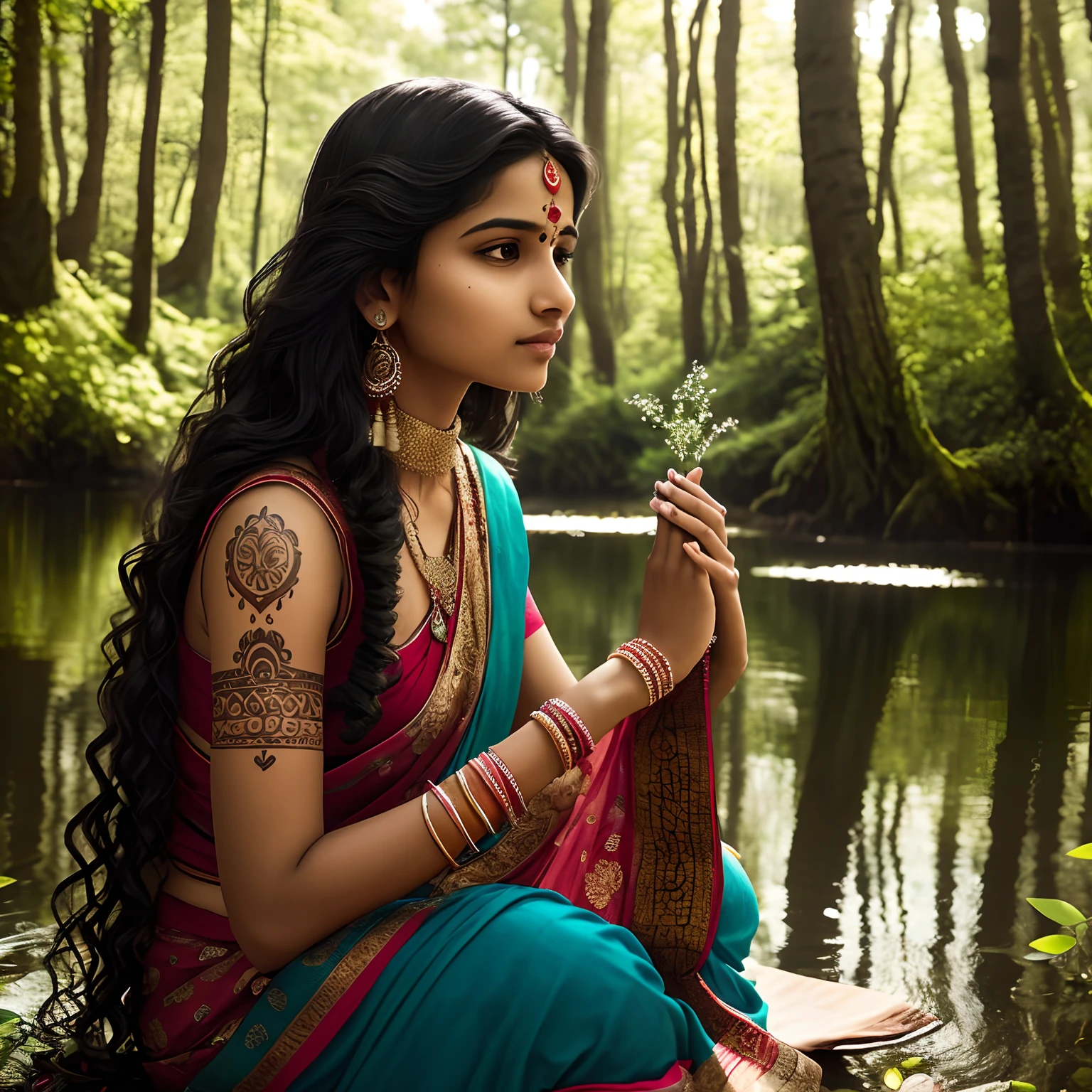 A young Indian woman with long wavy hair finds herself in a moment of communion with nature. Sitting near a gleaming pond in the middle of an open forest, her tribal tattoos add an artistic and meaningful touch to her appearance. The tranquil atmosphere and balance between the woman and her environment underscore the harmony between Indian culture and the natural world