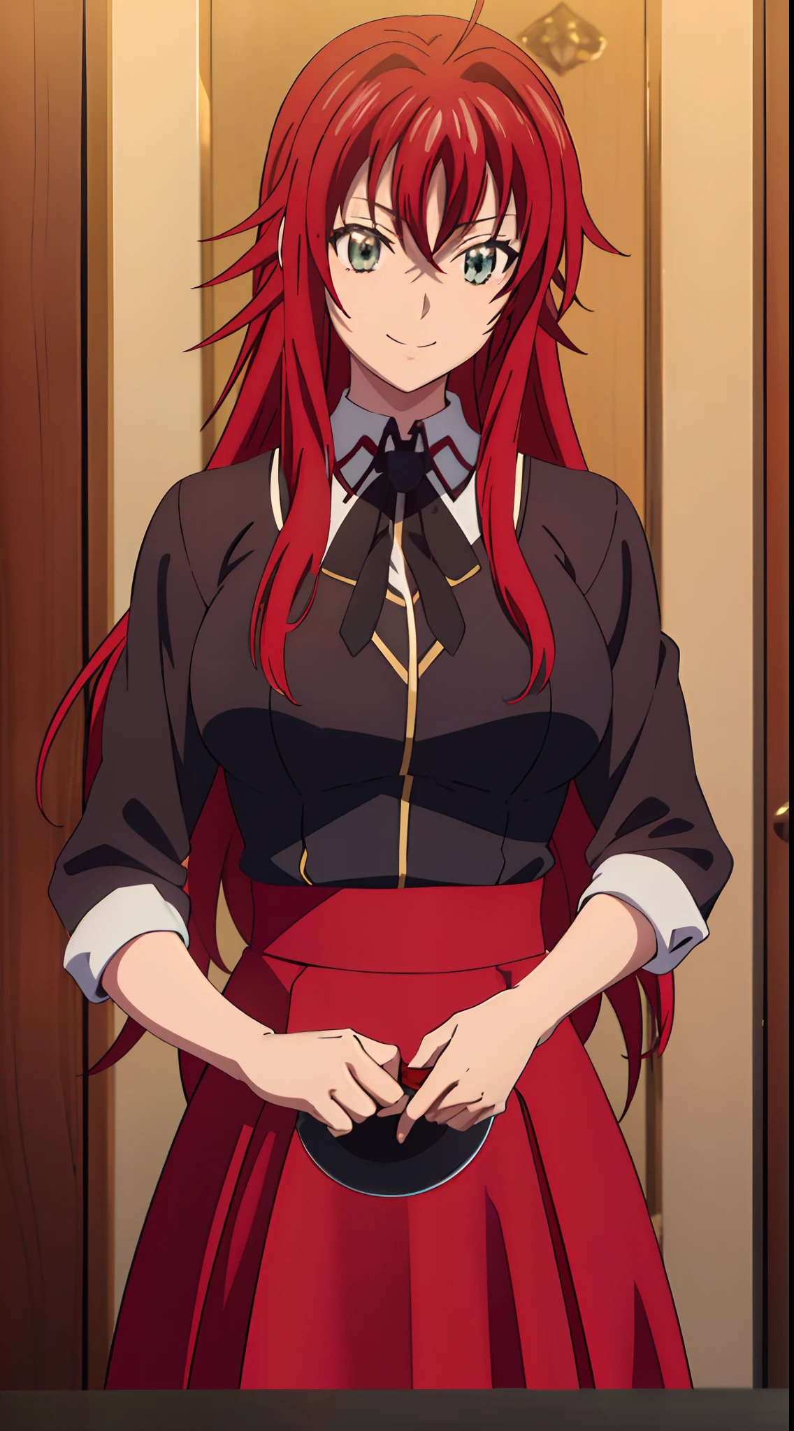 (((picture perfect))), (absurdres), 1girl, solo, rias gremory, school uniform, red skirt, looking at viewer, smile, (((upper body)))