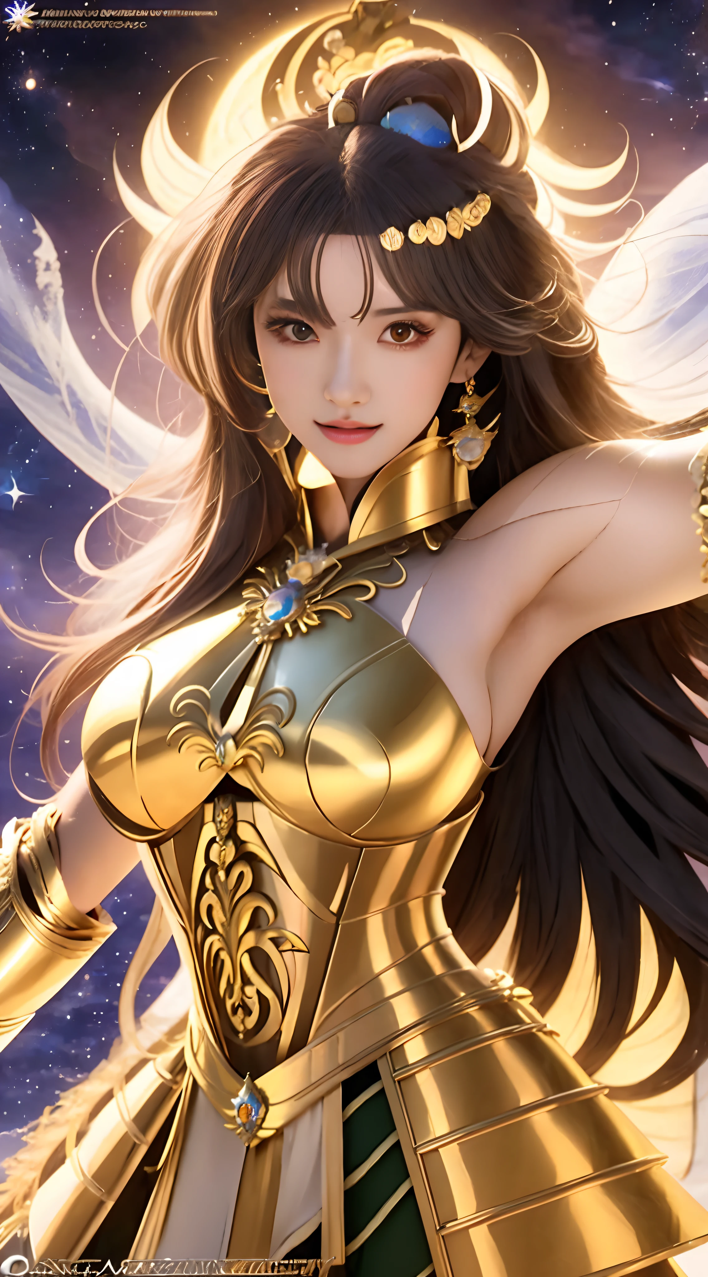 uma mulher em uma roupa dourada segurando uma espada e uma lua, Retrato realista, knights of zodiac girl, knights of zodiac girl, deusa anime, Artgerm JSC, Saint Seiya, - The Mariner Galaxy. Beautiful, unreal motor render Sao Seiya, Artgerm extremamente detalhado, Senhora Palutena, Deusa Celestial, the goddess artemis smirking, Armadura Dourada Angelical