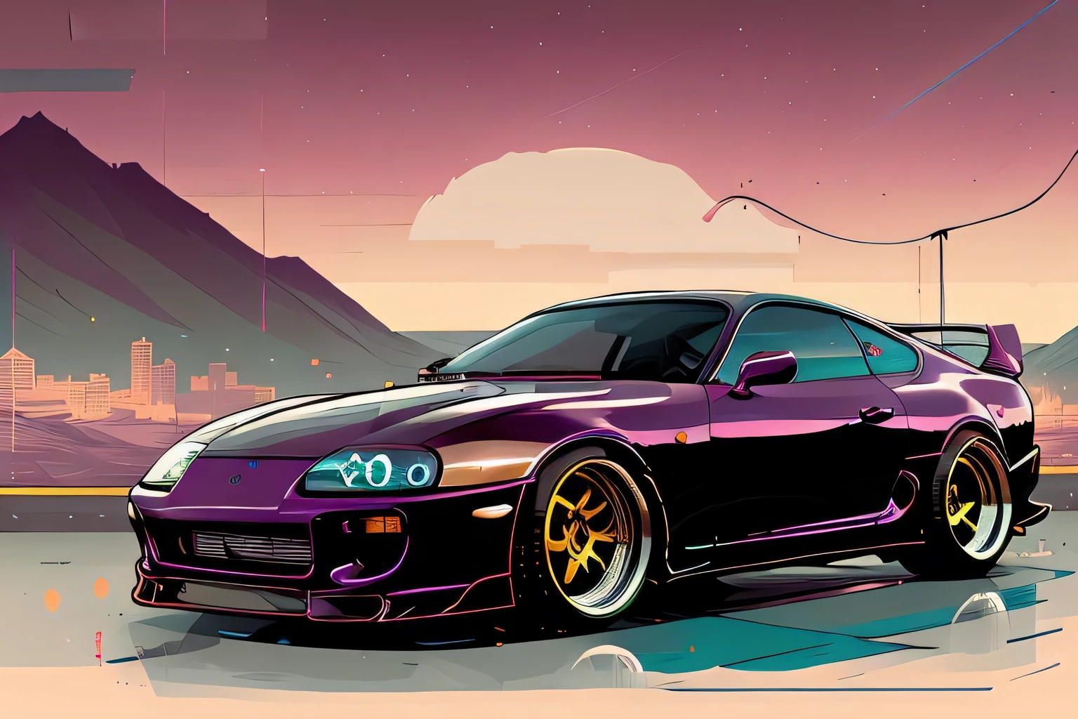 (nvinkpunk:1.2) (snthwve style:0.8) VAL1 mk4Supra VAL2, lightwave, sunset, intricate, highly detailed