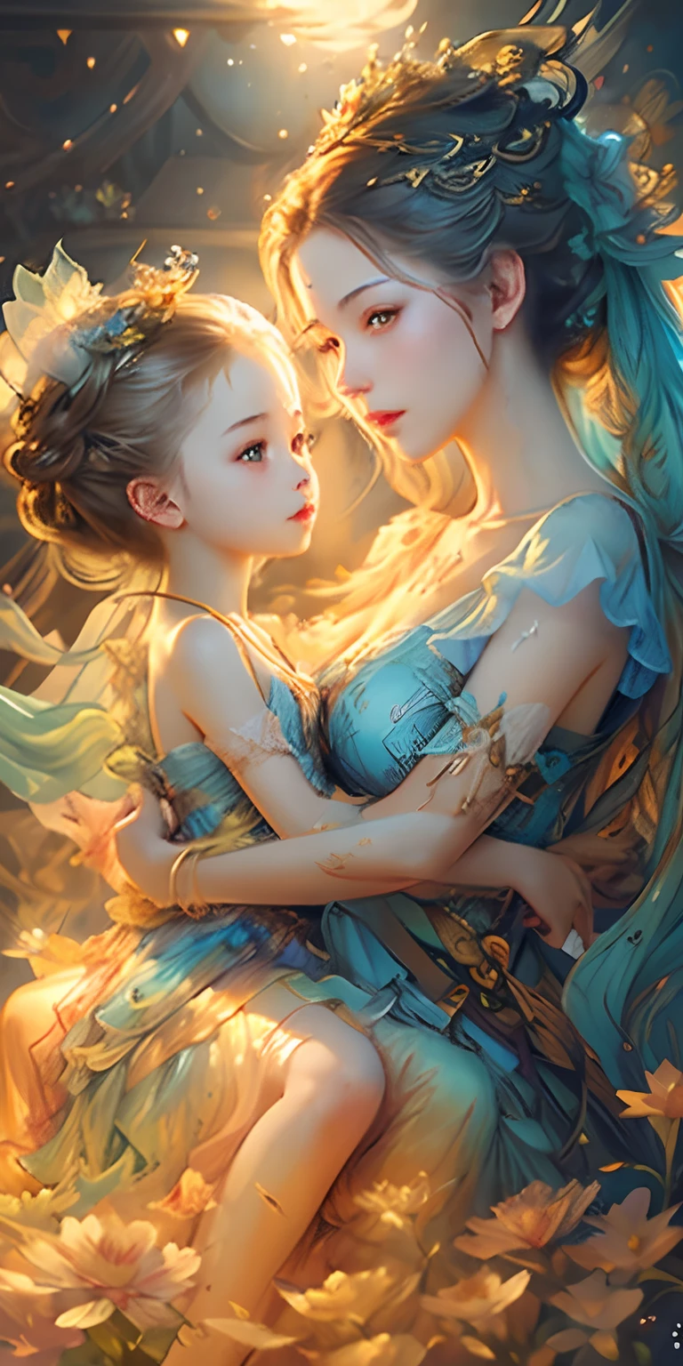 art by Vladimir Volegov,
Mother and daughter, ultra hd detailed painting beautiful faces and eyes, modern portrait, 
digital art

, Jean-Baptiste Monge style, bright, beautiful  , splash,  

, Glittering , cute and adorable,  filigree,  , rim lighting, lights, extremely ,  magic, surreal, fantasy, digital art, , wlop, artgerm and james jean,