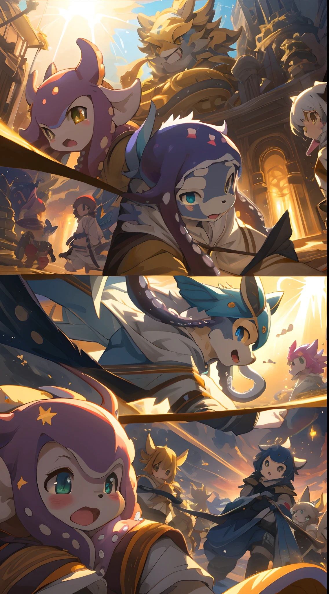 top quality, best quality, High-quality illustrations, masterpiece, super high resolution, detailed background, seeside((movie of octopus creatures and human child)), 6+boys, 6+girls, absurdres(highly detailed beautiful face and eyes)perfect anatomy, expression, caustics, light rays, dynamic lighting, light particles, lens flare, cinematic shadow(kemono, furry anthro)assorted poses, dynamic angle,