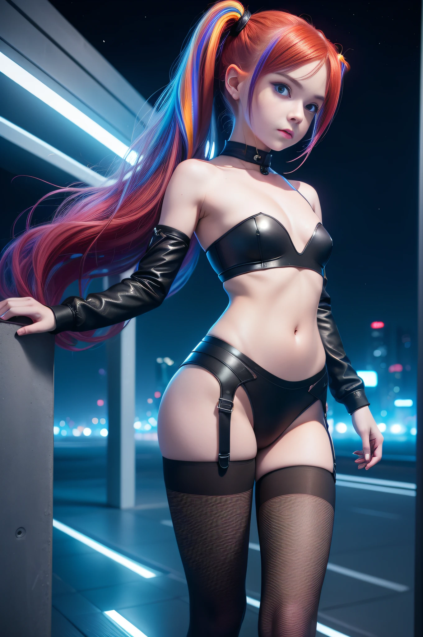 1 girl, solo, (nsfw), cute redhead 18-year-old girl in twin tails, ((perfect female body)) multiple (rainbow colored hair: 1.2), (beautiful detailed blue eyes: 1.6), (photo realistic eyes: 1.6), happy, Ukrainian, (petite body), ((small hips)), pale white skin, (mini skirt and tube top), (matte pantyhose: 1.6), ("tron legacy" style background}, (night time), photo realistic.
