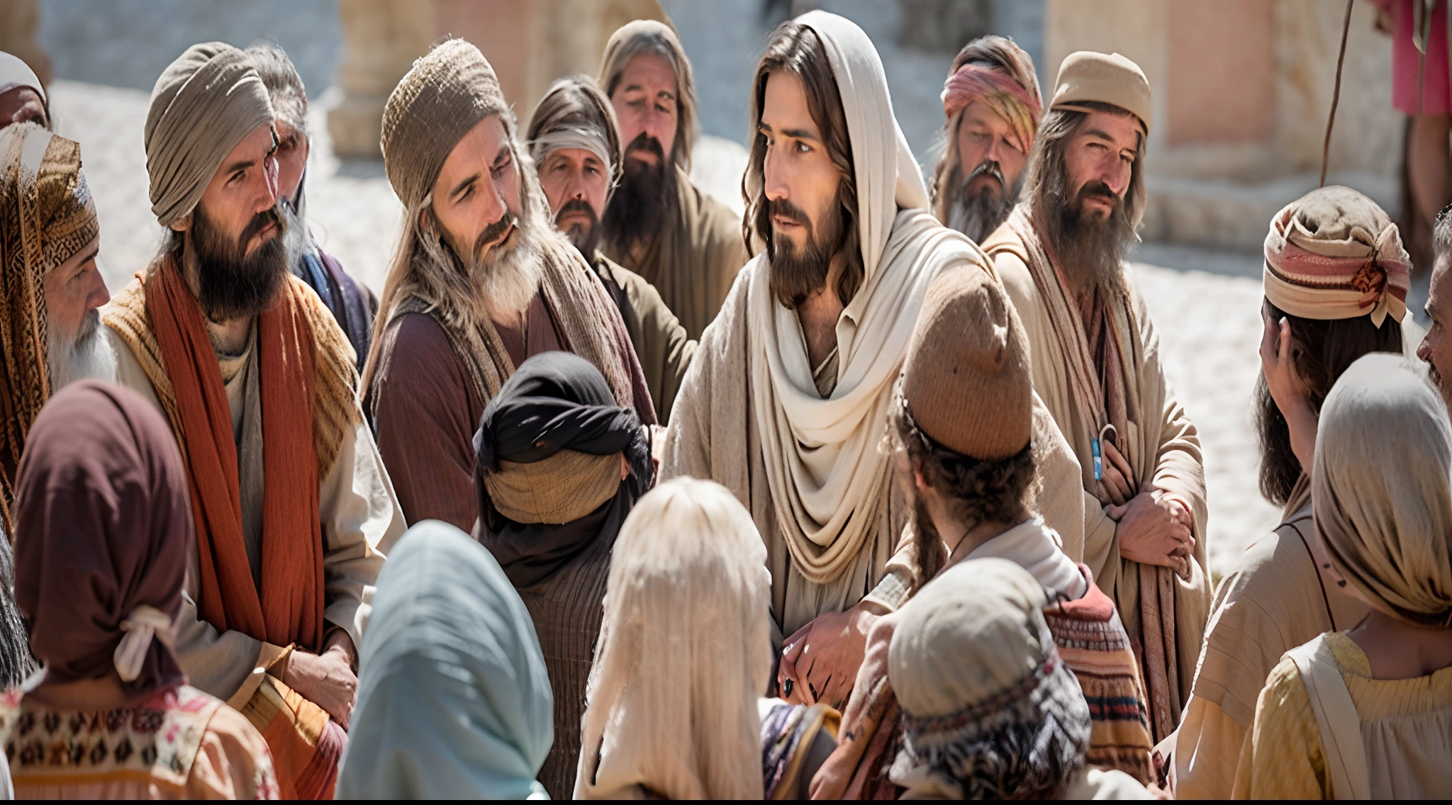 Modern portrait of Jesus with the crowd, cinematic lighthing, profundidade de campo, Bokeh, Realismo, fotorrealista, hiper-realismo, fotografia profissional, UHD, DSLR, HDR