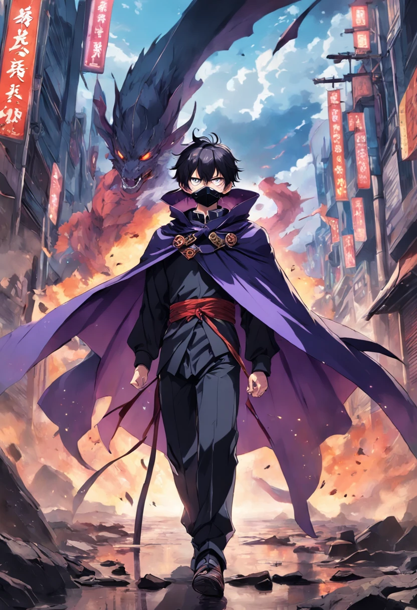 a guy named Ying, wearing a mask, a Chinese, behind him is a city ravaged by smoke and fire, anime character with a purple cape and a black cape on, badass anime 8 k, trigger anime artstyle, tall anime guy with blue eyes, he wears two bags of arrows on his back, detailed key anime art, " advanced digital anime art ”, with index finger, key anime art, ufotable art style, shirow masamune, shigenori soejima illustration, epic anime style, detailed digital anime art, he rides a two-horned black dragon