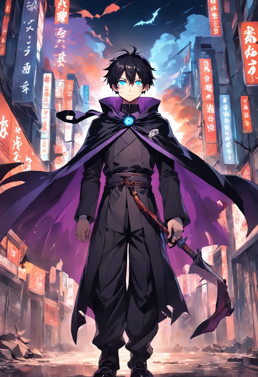 a guy named Ying, wearing a mask, a Chinese, behind him is a city ravaged by smoke and fire, anime character with a purple cape and a black cape on, badass anime 8 k, trigger anime artstyle, tall anime guy with blue eyes, he wears two bags of arrows on his back, detailed key anime art, " advanced digital anime art ”, with index finger, key anime art, ufotable art style, shirow masamune, shigenori soejima illustration, epic anime style, detailed digital anime art, he rides a two-horned black dragon