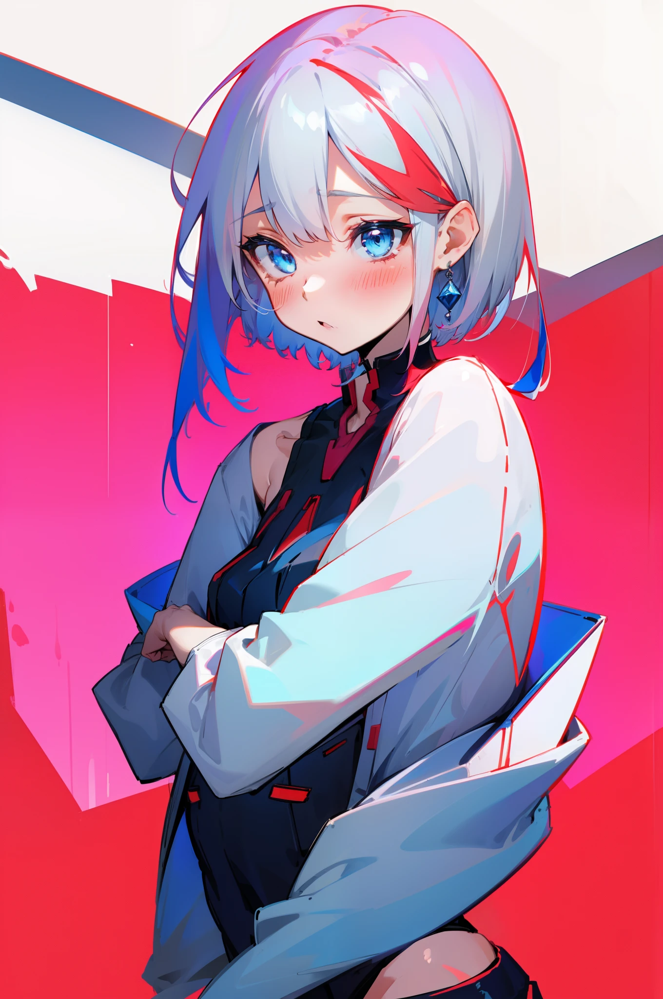 girl, shy, blush, short hair, white hair, blue eyes, red hair strand, speeanniversary