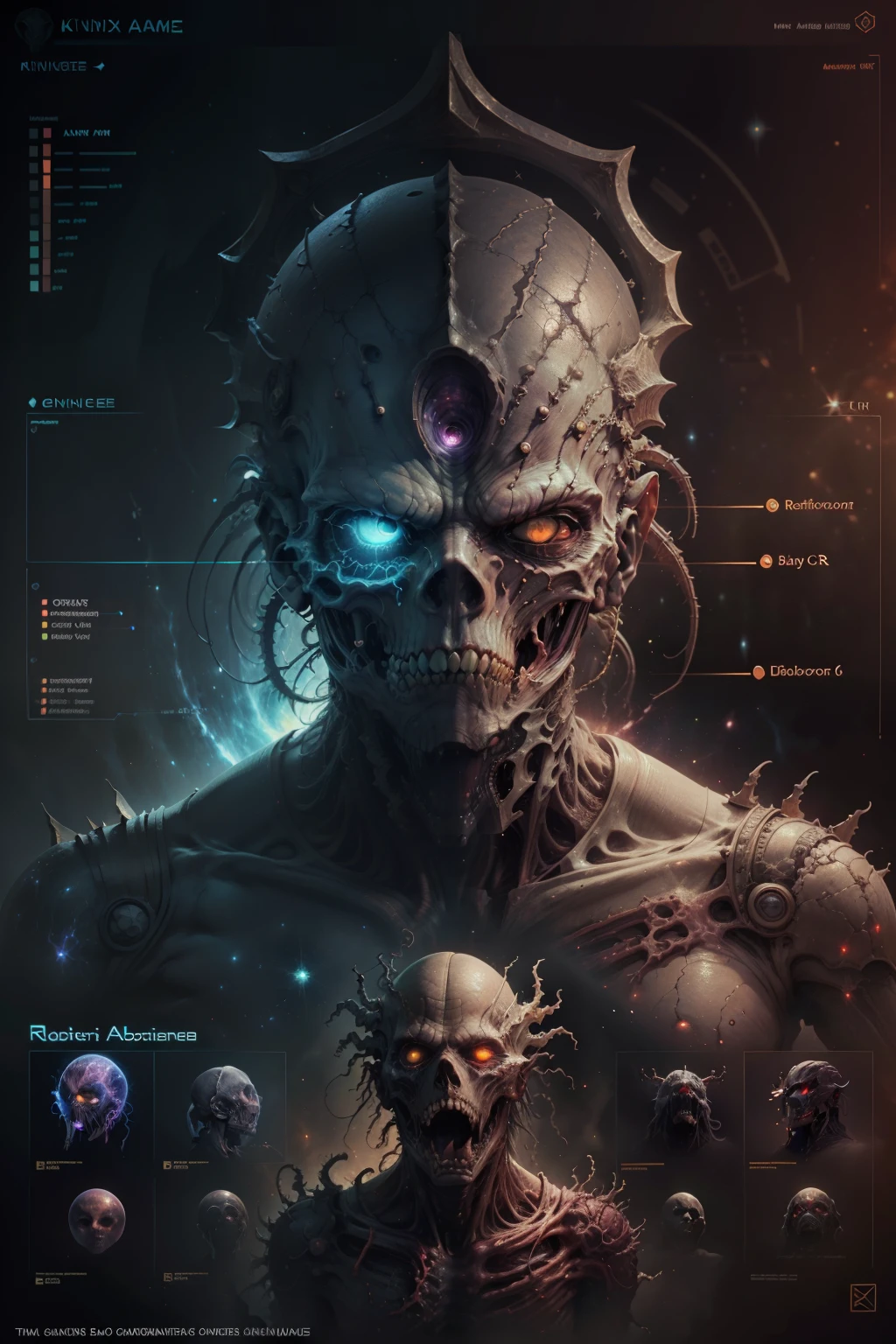 Fantasy Technical Diagram, Info graphic, Charts, of A Cosmic Anatomical Abomination Monster head, Info Graphic, Scientific, Data Diagram, Nervous System, Galaxy, Radioactive Colors, Midnight Aura, Ultra Detailed, ((H.R. Giger), Max Ernst, Thomas Kinkade, Robert Gonsalves, Dark Galaxy Background.