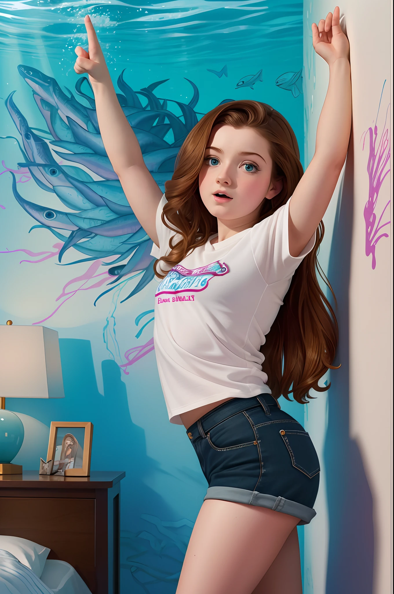((tmasterpiece)), hiquality, Ultra-detailed, (young Caitlin Blackwood ), Amy Pond, White police shirt and black shorts, Surprised, a wall with a large glowing crack in the bedroom, ((in the style of Guy Harvey, Cy Twombly)), 8K, the best illustration, graceful, Proper anatomy of the body, hight resolution, Women's point of view, Feminine Pose,