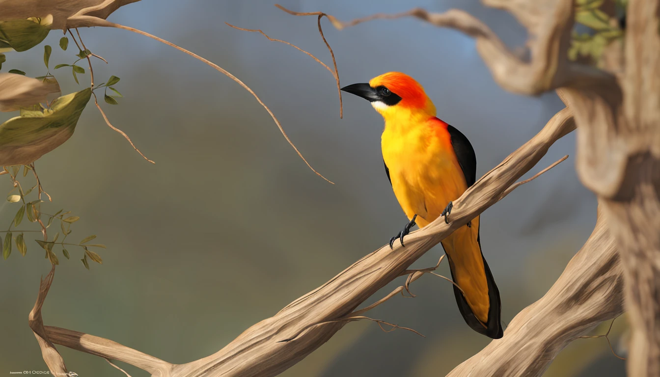There is a bird like yellow turpial,Black and orange perched on a tree, Renderizado realista natural, fotorrealista altamente detallado, render fotorrealista, Arte conceptual fotorrealista, Render hiper real, Renderizado 3D realista rojo, Aves f CGsociety, Imagen fotorrealista, fotorrealista altamente detallado, Renderizado detallado hiperrealista, Imagen detallada fotorrealista, Red bird, super detailed render, Renderizado de alta calidad