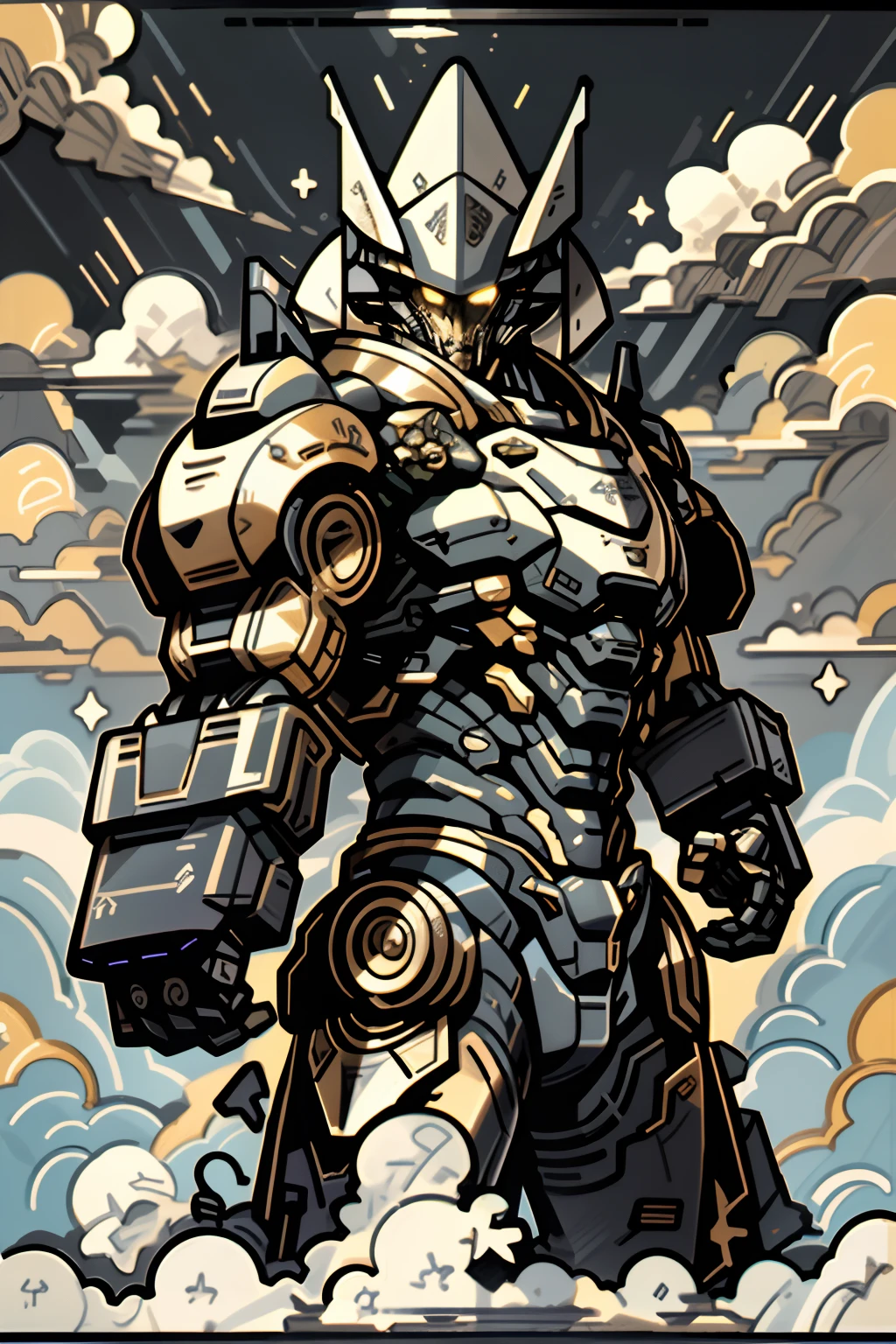 High definition, heaven, nuvem, spear gun, brilhante, state-of-the-art giant robot, Building, olhos brilhantes, huge state-of-the-art mecha, science fiction, Cidade, Realistic, The main color is black, the whole body is black, (nucleus in atomic thorax), gigantesco monstro