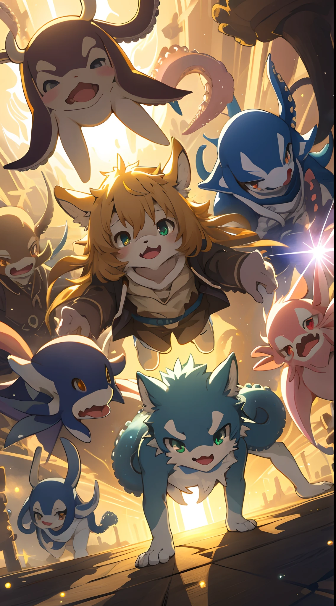 top quality, best quality, High-quality illustrations, masterpiece, super high resolution, detailed background, seeside((movie of octopus creatures and human child)), 6+boys, 6+girls, absurdres(highly detailed beautiful face and eyes)perfect anatomy, expression, caustics, light rays, dynamic lighting, light particles, lens flare, cinematic shadow(kemono, furry anthro)assorted poses, dynamic angle,