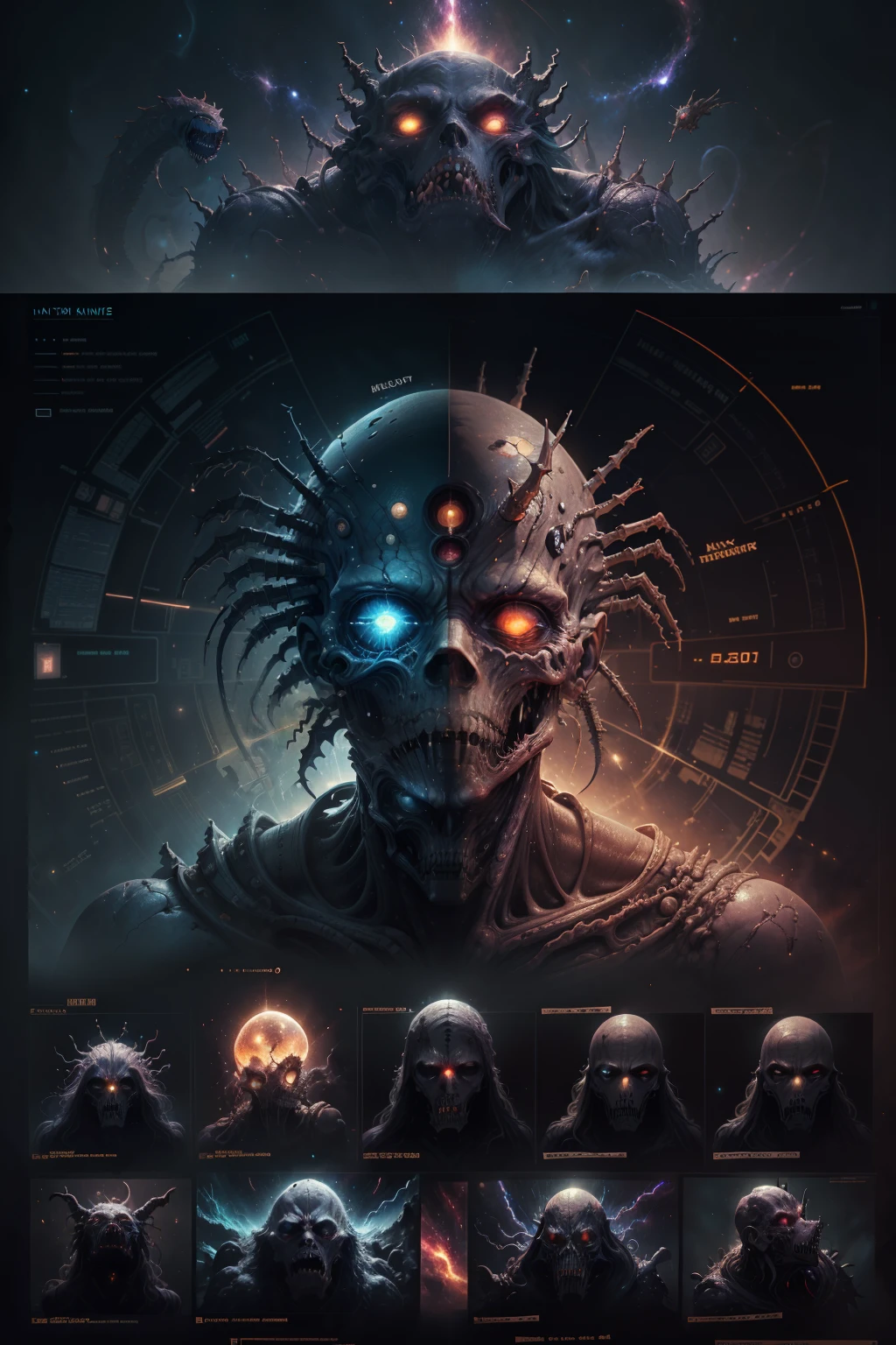 Fantasy Technical Diagram, Info graphic, Charts, of A Cosmic Anatomical Abomination Monster head, Info Graphic, Scientific, Data Diagram, Nervous System, Galaxy, Radioactive Colors, Midnight Aura, Ultra Detailed, ((H.R. Giger), Max Ernst, Thomas Kinkade, Robert Gonsalves, Dark Galaxy Background.