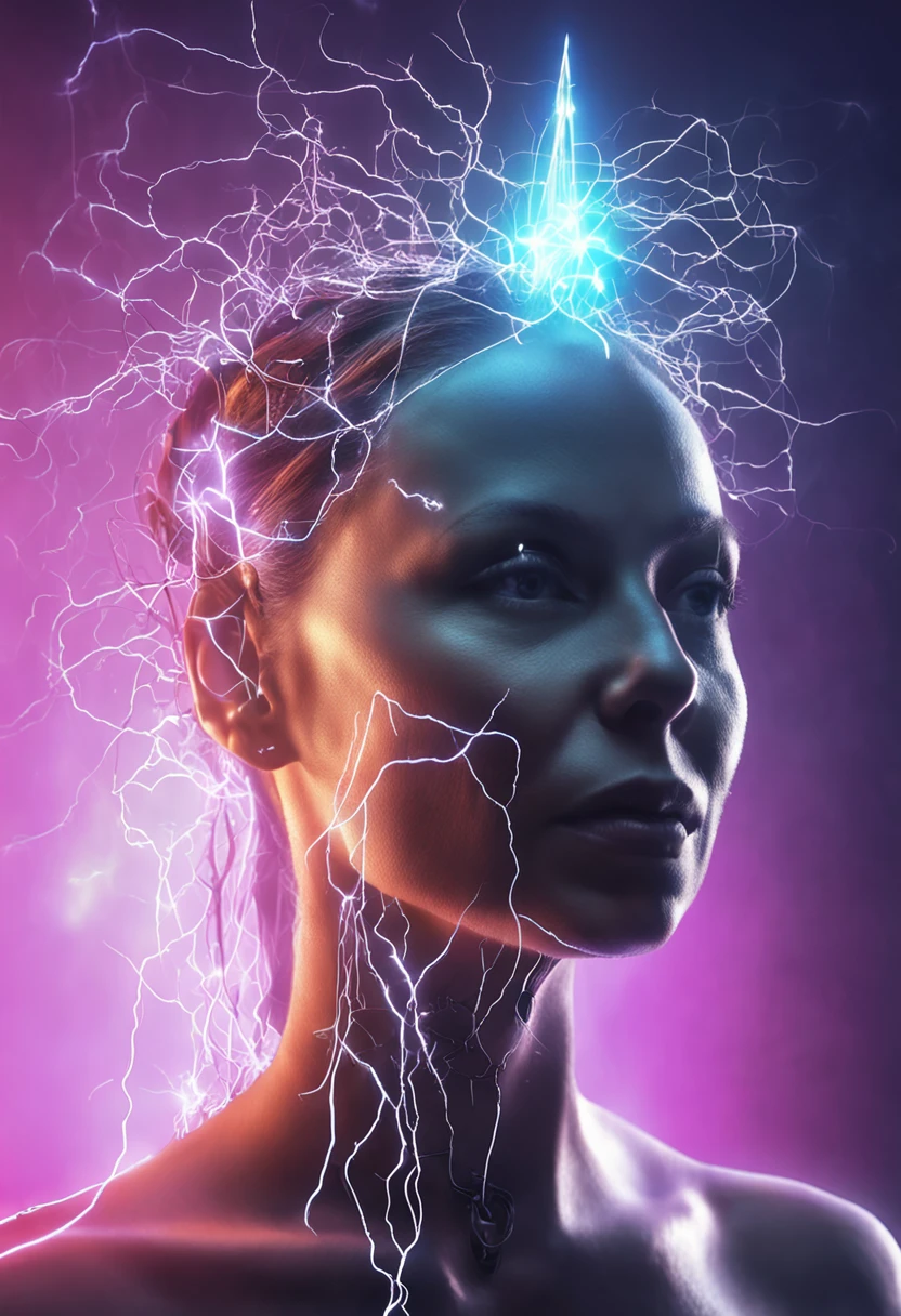 Woman with a shiny head and a lightning bolt sticking out of her head, she is attracting lightnings, mind character, estimulante nootropic, consciousness projection, detailed glowing head, neurological marvel, sobrecarga, glowing head, circuitry visible in head, controle da mente, head exploding, tragedy of the mind - driven, neuroscience, neural, pintura fosca da mente humana