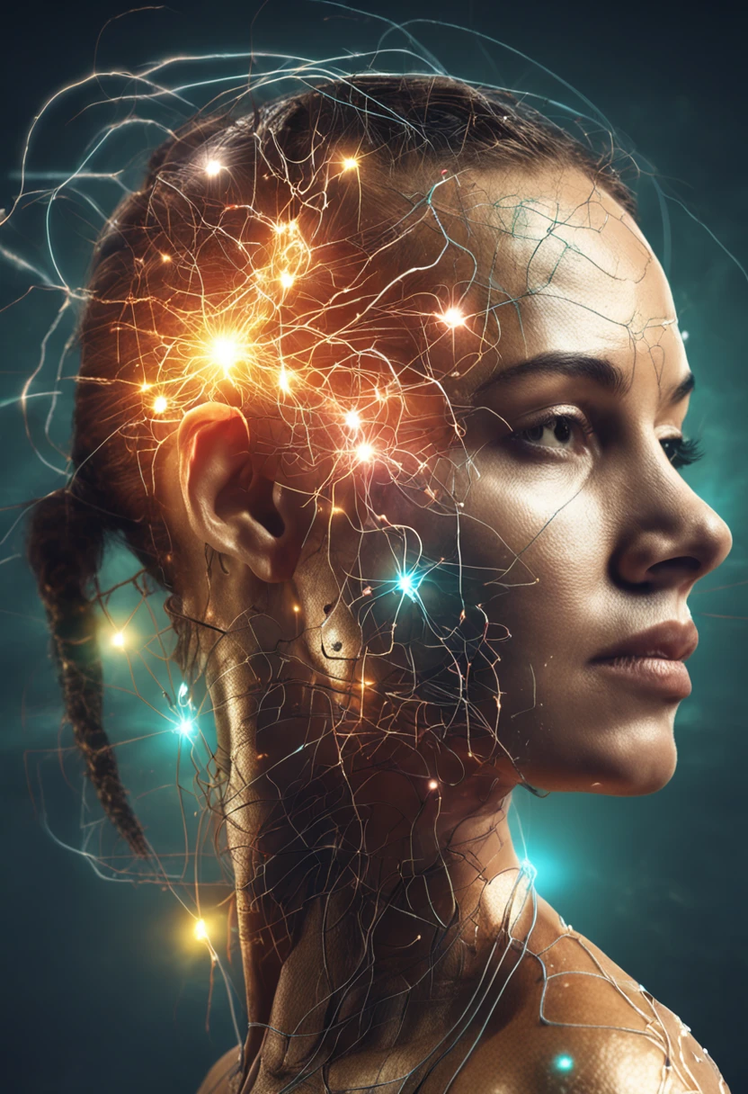 Woman with a shiny head and a lightning bolt sticking out of her head, she is attracting lightnings, mind character, estimulante nootropic, consciousness projection, detailed glowing head, neurological marvel, sobrecarga, glowing head, circuitry visible in head, controle da mente, head exploding, tragedy of the mind - driven, neuroscience, neural, pintura fosca da mente humana