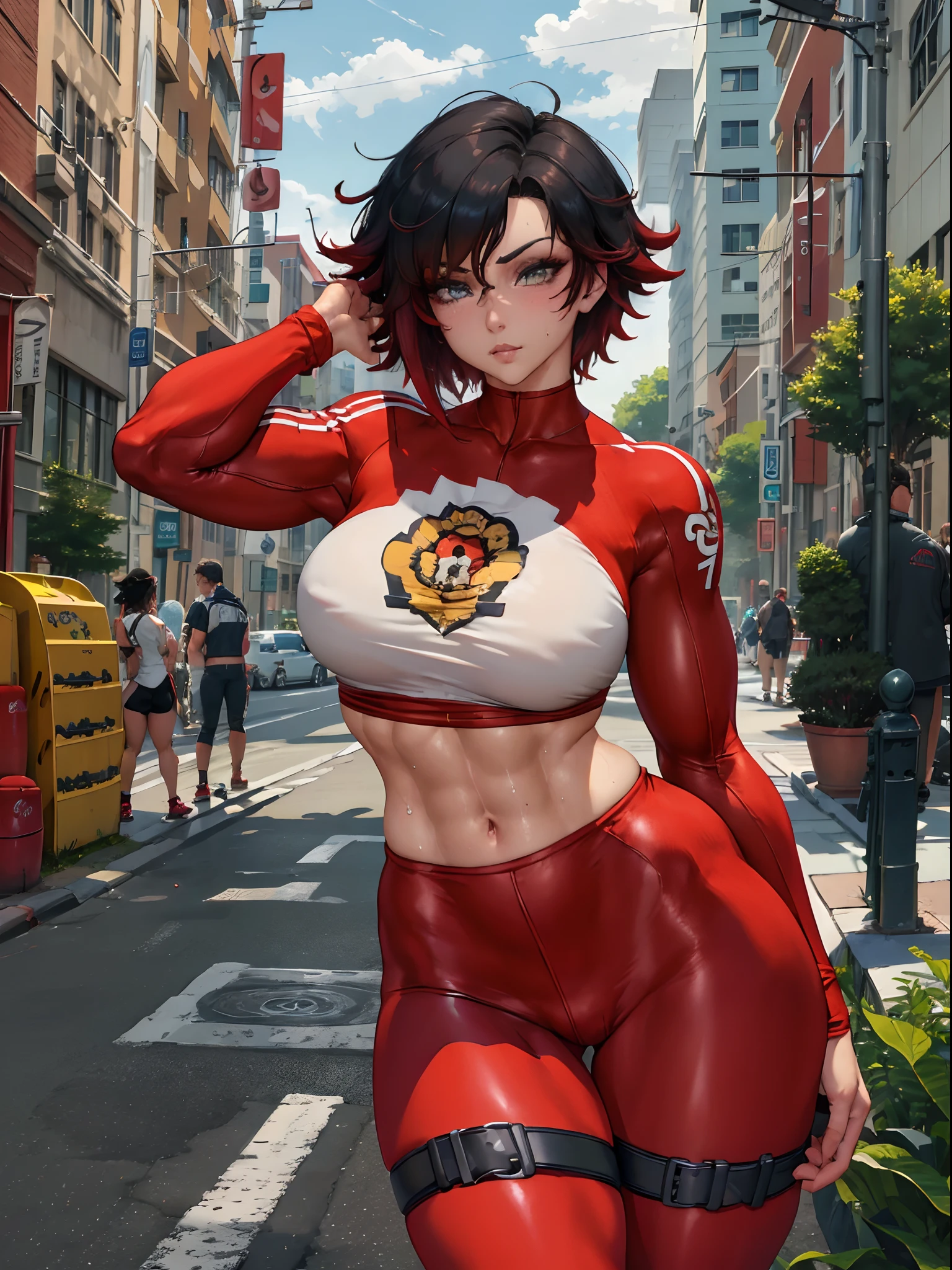 (tmasterpiece, beste-Qualit:1.2), Cowboy shot, 独奏, a 1girl, Ruby Rose, gaze at the viewer, Sporty top, little chest, leggins, the sweat, Erotica, wide thighs, blushful, the night, urban landscape, Street, sexypose, stands, gyaru