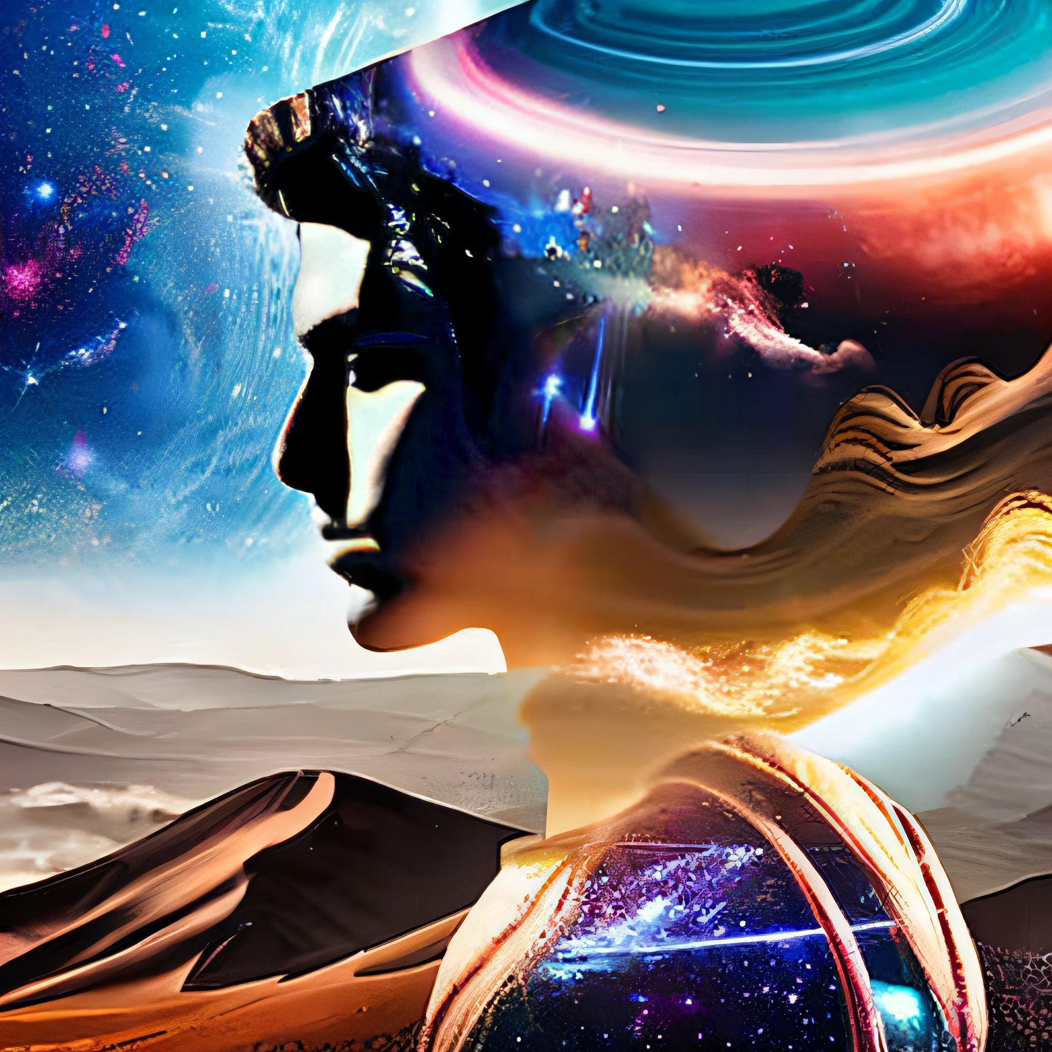 dblxp profile of a young man with endless long extra long wavy hair blown in the wind made out of a galaxy and nebula mist and planets, in the background landscape