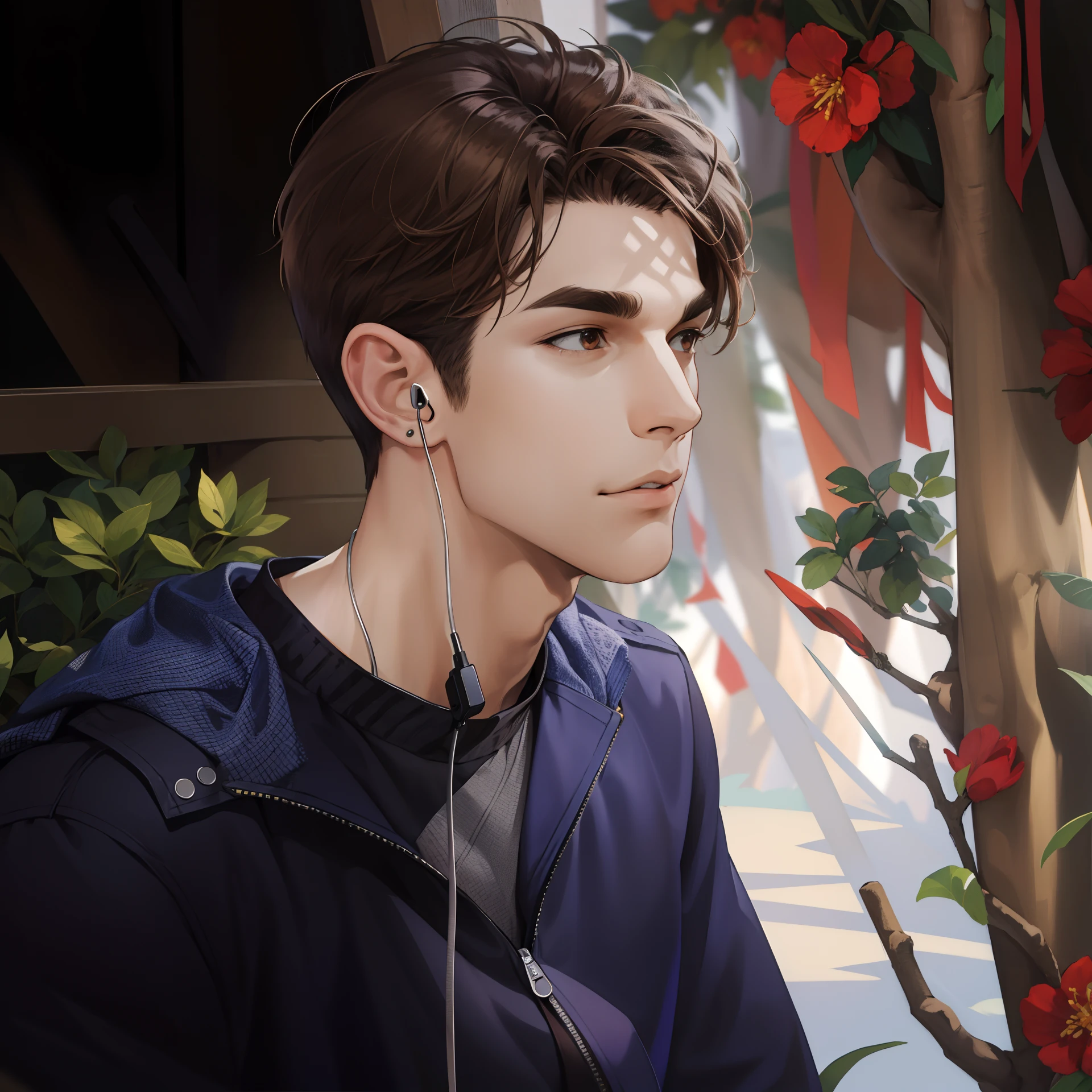 (absurdres, highres, ultra detailed), (1 male, solo, adult, mature, aged up, tall muscular guy, broad shoulders, handsome), wavy brown hair, brown eyes, (angular jaw, thick neck, thick eyebrows), BREAK, forest, fantasy, Uniform, extremely detailed face, upper body, ear buds on his head