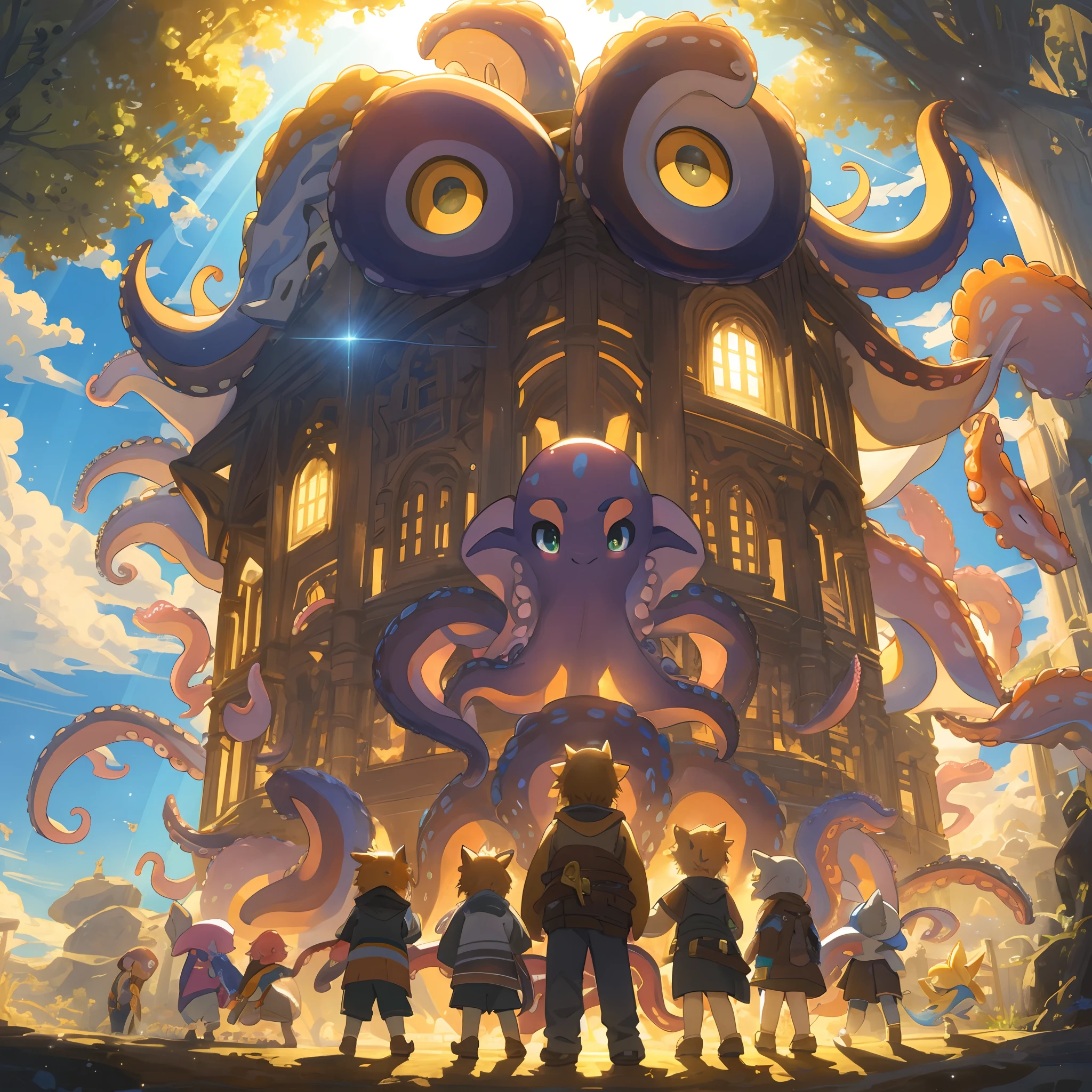 top quality, best quality, High-quality illustrations, masterpiece, super high resolution, detailed background, seeside((movie of octopus creatures and human child)), 6+boys, 6+girls, absurdres(highly detailed beautiful face and eyes)perfect anatomy, expression, caustics, light rays, dynamic lighting, light particles, lens flare, cinematic shadow(kemono, furry anthro)assorted poses, dynamic angle,