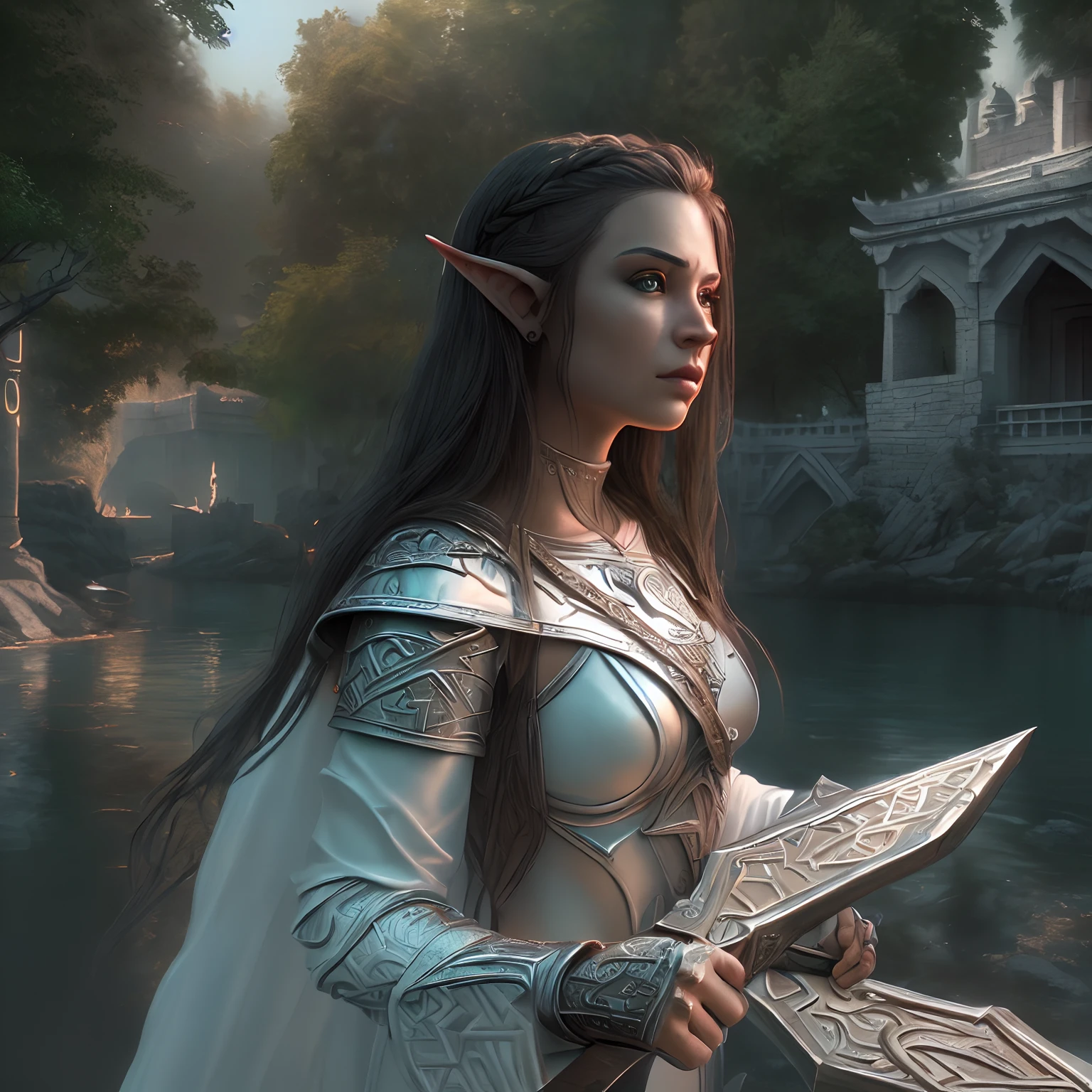 arafed, high details, best quality, 8k, [ultra detailed], masterpiece, best quality, (extremely detailed), dynamic angle, ultra wide shot, RAW, photorealistic, fantasy art, d&d art, a wide angle picture of a half elf cleric in  a temple near the lake, female, half elf (Masterpiece 1.5, intense details), black haired, green eyes, braided hair, long hair (Masterpiece, intense details), [small pointed ears], cleric, templar (1.3 Masterpiece, intense details dnd art), ultra detailed face, casting a spell (1.4 Masterpiece, intense details dnd art), wearing white plate mail armor with sigils ( 1.5 Masterpiece, intense details) GlowingRunes_paleblue, carrying flaming sword (Masterpiece 1.5, intense details), wearing white cloak with sigils (Masterpiece 1.4, intense details), holy symbol, standing near a lake (Masterpiece 1.5, intense details), dawn light, backlight, dynamic angle, reflection (1.5 Masterpiece, intense details) glowing light, high details , ray tracing, reflection light, silhouette, wide shot, panorama, Ultra-Wide Angle, high detail, award winning, best quality, HD, 8K, 3D rendering, high details, best quality, highres, ultra wide angle, 3D rendering, [[anatomically correct]]