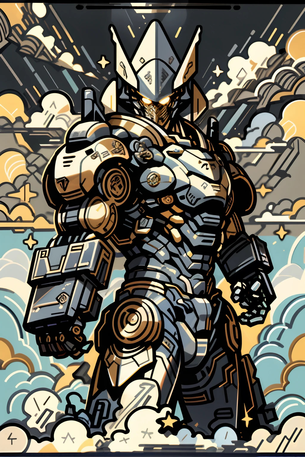 High definition, heaven, nuvem, spear gun, brilhante, state-of-the-art giant robot, Building, olhos brilhantes, huge state-of-the-art mecha, science fiction, Cidade, Realistic, The main color is black, the whole body is black, (nucleus in atomic thorax), gigantesco monstro