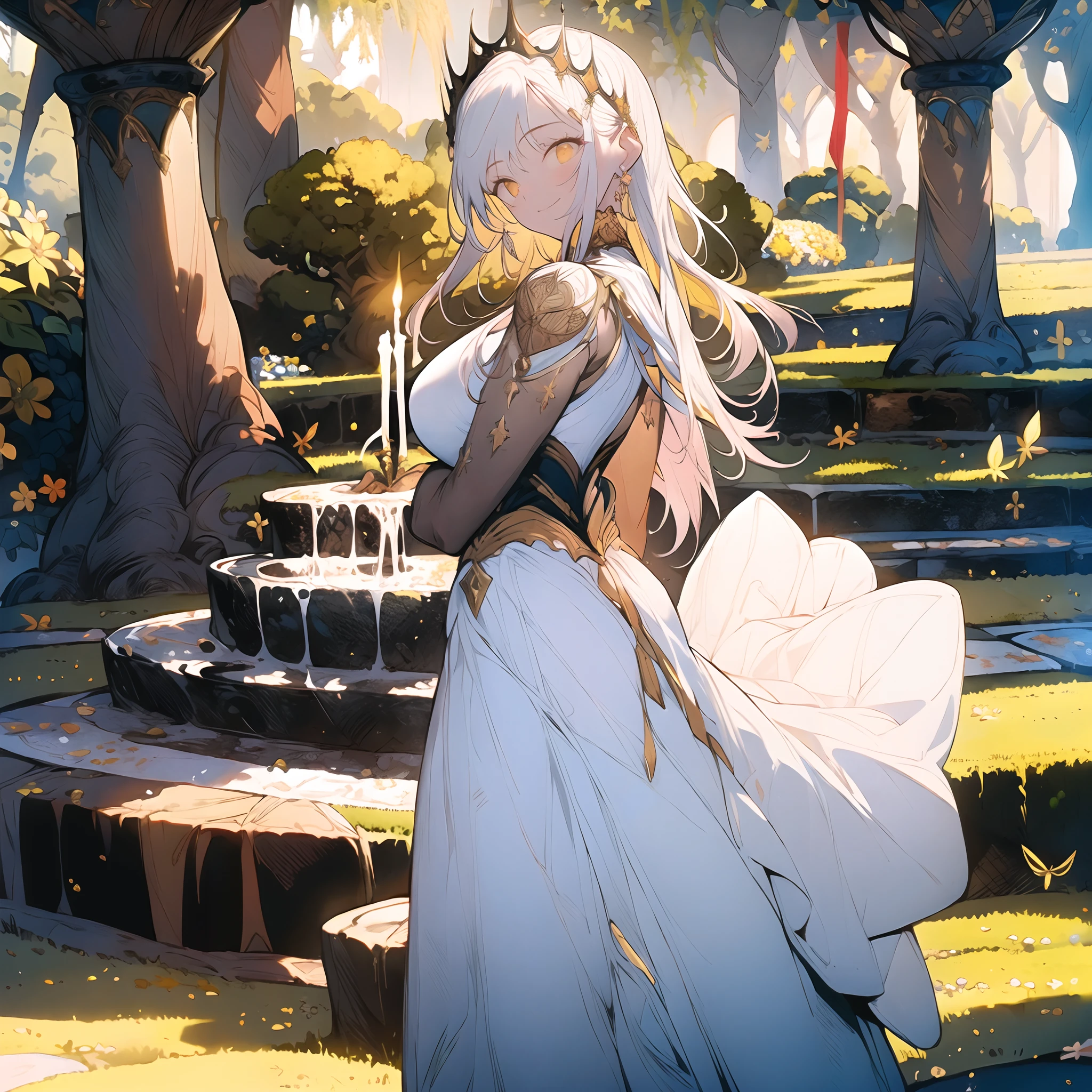 (obra maestra) (La mejor calidad) Una hermosa mujer vestida de blanco con una corona de hojas doradas en la cabeza. She is in a beautiful garden standing in front of the camera with a beautiful smile in a natural pose............... movie quality