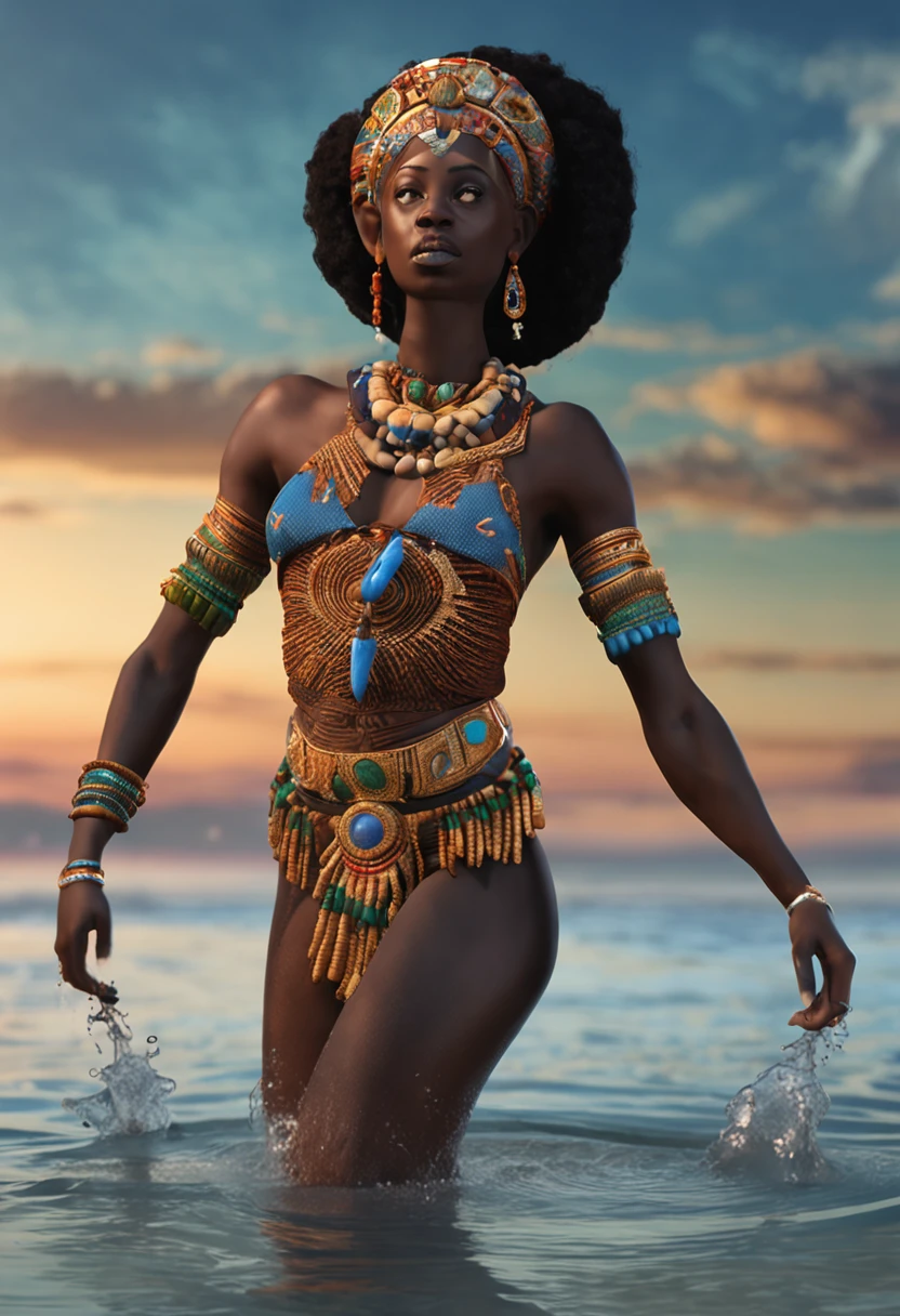 (Professional 3D rendering:1.3) de (Realistic:1.3) Foto de arte mais bonito do mundo,Yemanja, orisha, rainha africana,roupas azuis,Orixá queen of the oceans,cores azuis, vestindo um ade detalhado e intrincado, olhar materno, cosmic goddess,impressionismo,Afrofuturista, corpo inteiro 8k unidade render, poros da pele, very dark lighting, sombreamento pesado, circunstanciado, rosto detalhado, (Vibrando, fotografia realista, Realistic, Dramatic, Escuro, foco nítido, 8k), (Roupas africanas de tribos :1.4), ((((use tecidos)))), (intrincado:1.4), decadente, (altamente detalhado:1.4), Pintura digital, rendering by octane, art stations, conceito-arte, liso, foco nítido, germe da arte, (Loish:0.23), Wlop Ilya Kuvshinov, e greg rutkowski e alphonse mucha gracias, (global ilumination, studiolight, light volumetric), beira do mar, floating particles, fantasia, Nosso, close-up rosto, ((Fundo escuro noite estrelada:1.3)),CGSesociedade,art stations