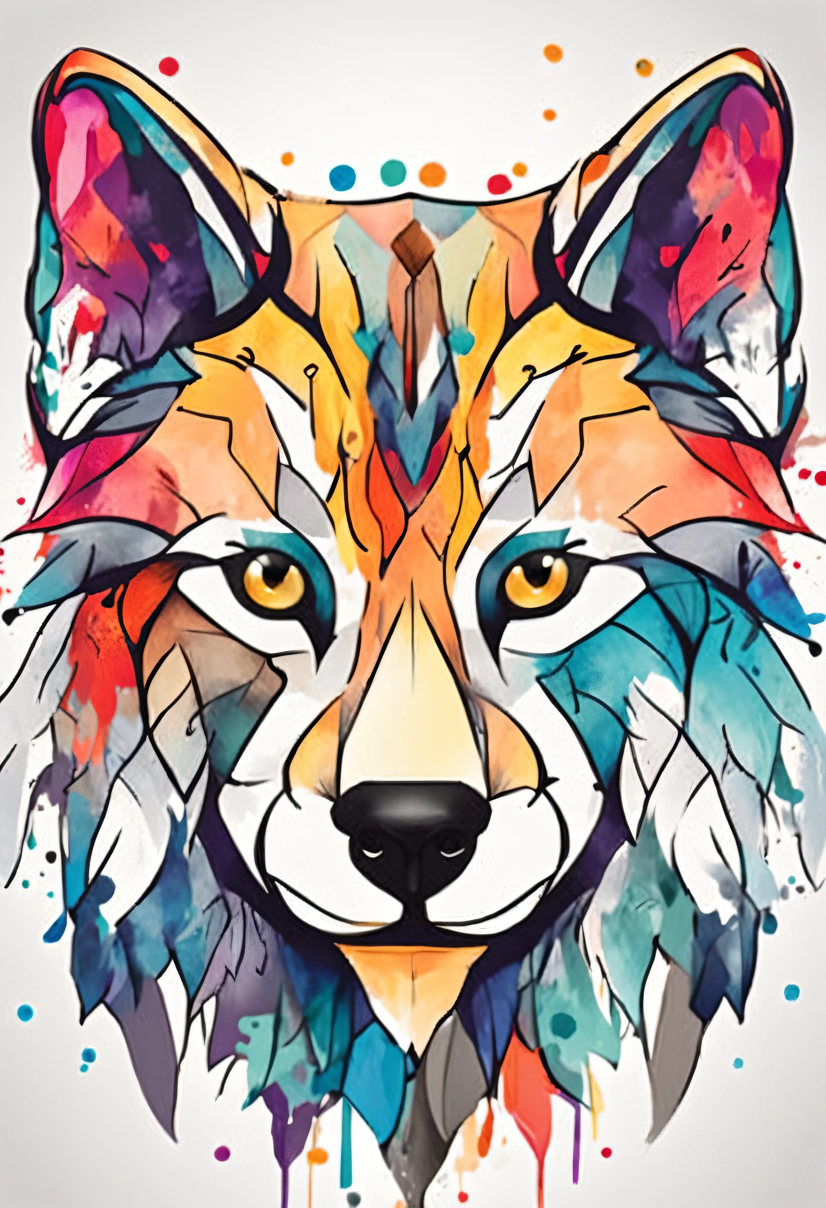 colorful logo, Minimalist vector art logo illustration of a cat head, front, magic, Sharp, flat design, Monochrome color, dark magic colorful splash paint, t-shirt design, in Studio Ghibli style, Design should be in vector art, Introducing the Dog. Use Adobe Illustrator to create the logo with clean lines and a simple yet captivating appearance. Keep the design centered on the dog's eyes, capturing its uniqueness and charm. The logo should evoke a sense of sophistication and tranquility. Emphasize a low-poly style to add a touch of uniqueness to mustaches. The overall aesthetic should be sleek and elegant, making it suitable for branding and logo purposes, black background, ((symmetrical))