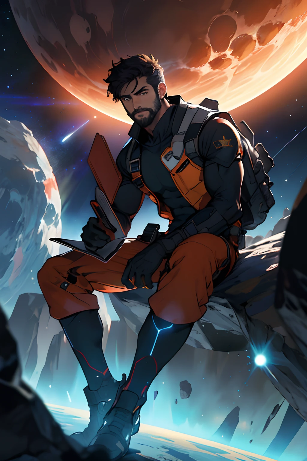 Draw a young programmer, sitting on a research platform floating in the middle of an asteroid belt. He is studying with a notebook, surrounded by several asteroids glowing with fiery auras. Dramatic lighting from distant stars and planets illuminates the scene, casting deep shadows on the suit. The young man looks confident and determined, looking at the vast and mysterious universe with wonder and respect,facial hair, cowboy shot,