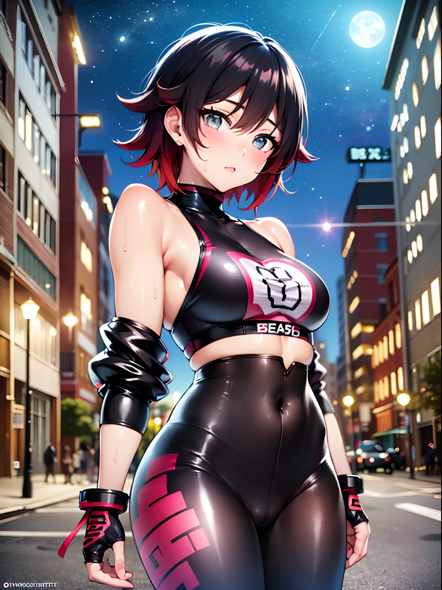 (tmasterpiece, beste-Qualit:1.2), Cowboy shot, 独奏, a 1girl, Ruby Rose, gaze at the viewer, Sporty top, little chest, leggins, the sweat, Erotica, wide thighs, blushful, the night, urban landscape, Street, sexypose, stands, gyaru