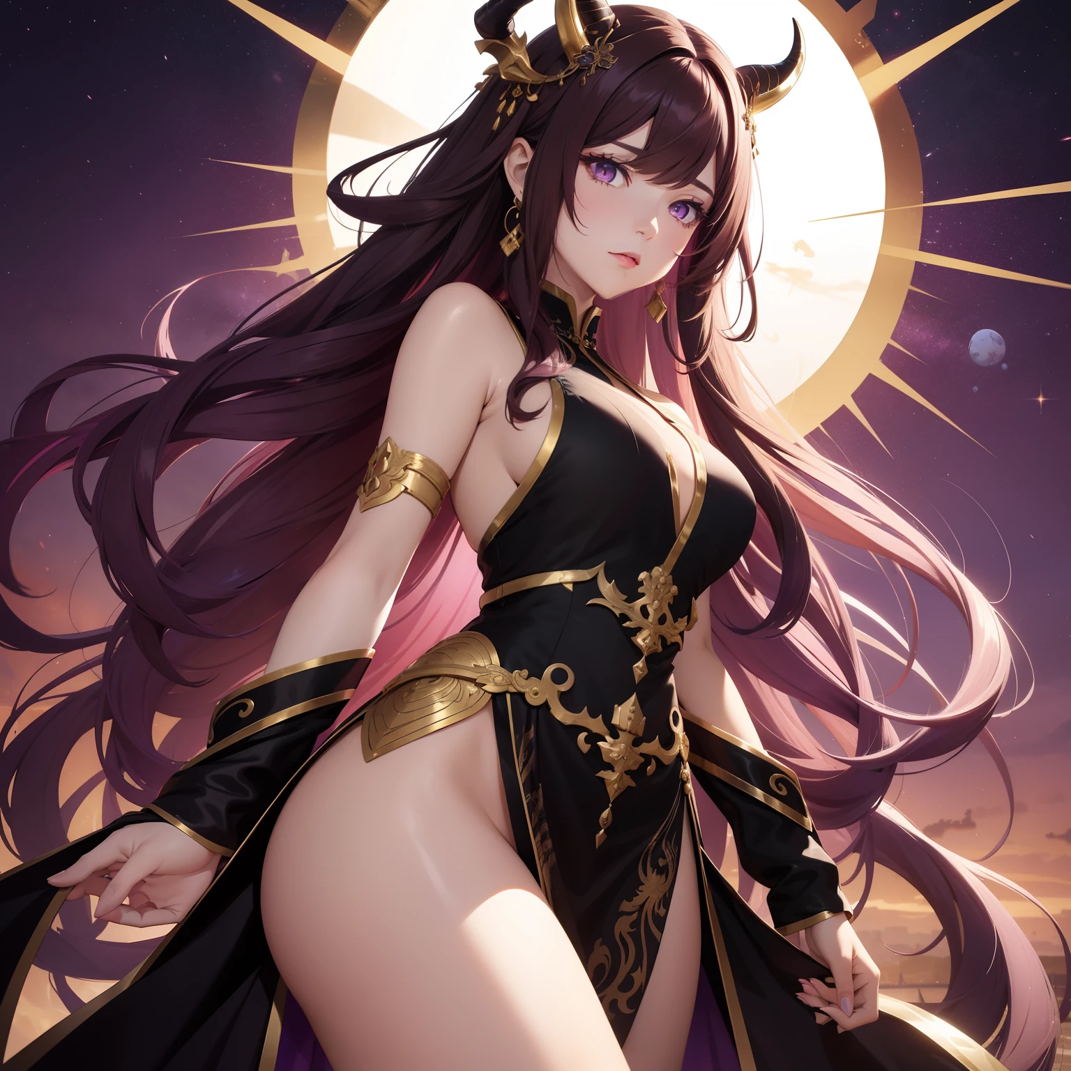 Woman, messy light brown long hair with a purple tint, dragon horns and tail, white and black Chinese dress with tight-fitting elements on her arms and legs, gold divine light, God's gaze, a sun circle behind her back, indifferent and cold gaze, light lipstick, light eyes