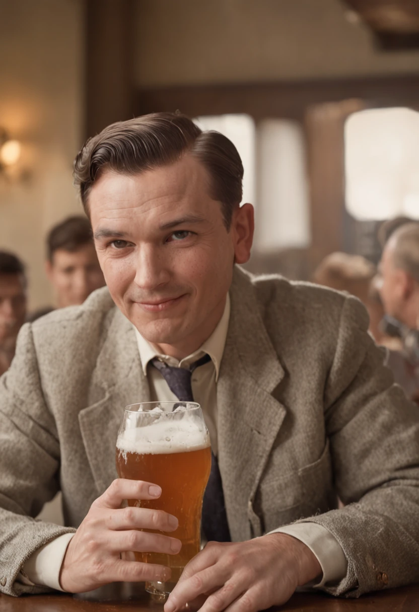 Imagem de um homem segurando uma cerveja e um copo, beer advertisement, segurando uma cerveja!!, 1958, 1 9 5 8, 1957, voltar para, cerveja, 1959, 1956, 1 9 5 6, 1 9 5 5, 1955, 1960s advertisement