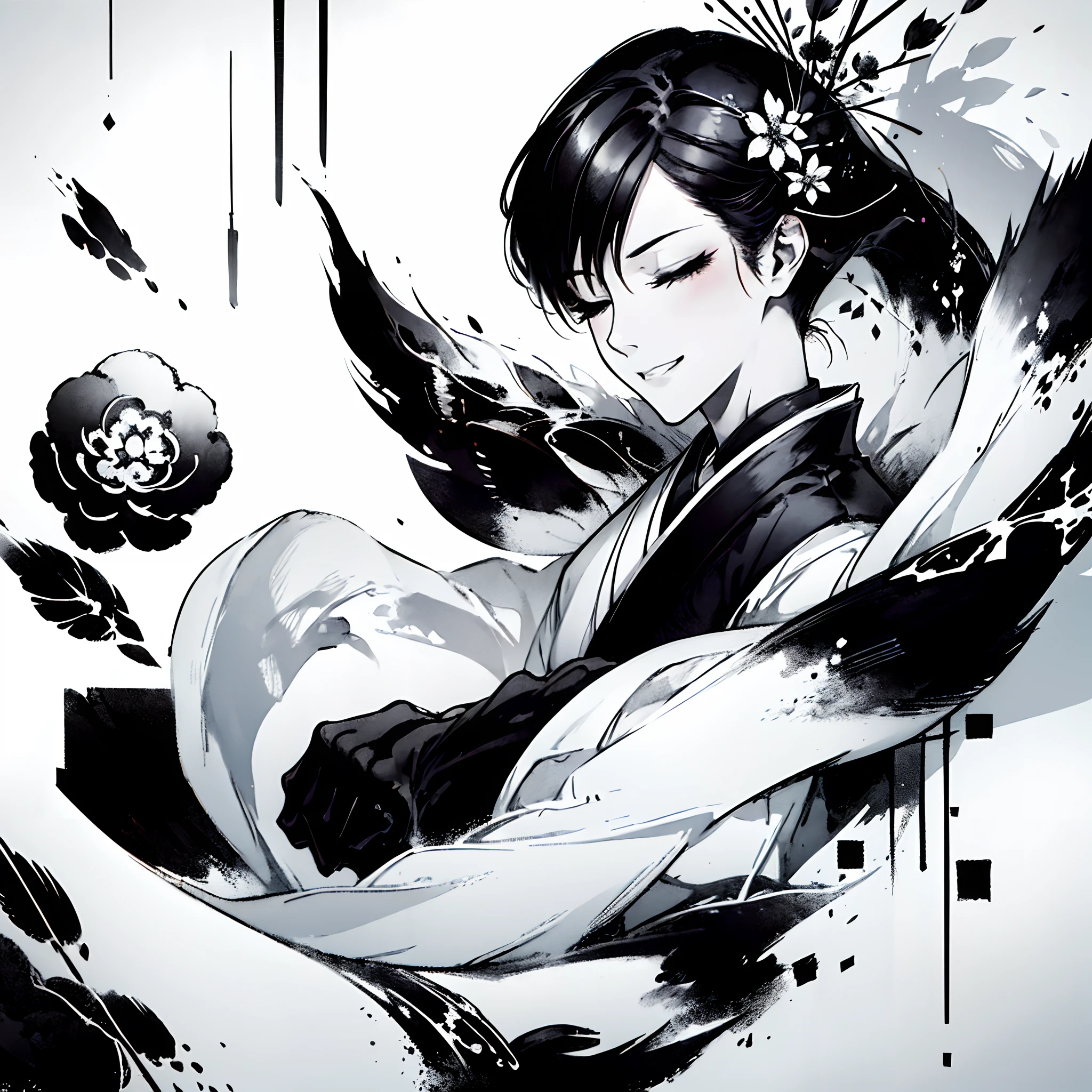 Ink painting,1boy, smiling,close mouth,fox eyes,closed eyes, wearing a black and white traditional Japanese outfit,short black hair, absolutely stunning art, extremely detailed, highest quality digital art, wallpaper 8k,black and white, monochrome
