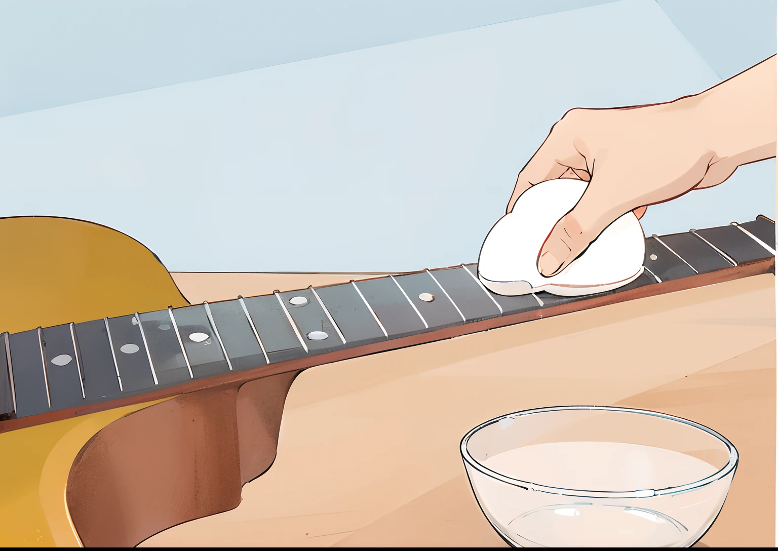 someone wiping an arm of acoustic guitarra with a cloth, wikicomo, tuning, Wiki illustration, Tocando bandolim, Detalhes precisos, playing a guitar, aplicado ao tom, um instrumentoo, Como, neck zoomed in, Executar, ukulele, Como fazer, playing acoustic guitarra, instrumento, playing the guitar, playing the guitar, colher colocada, Manchas, acoustic guitar, filling with water