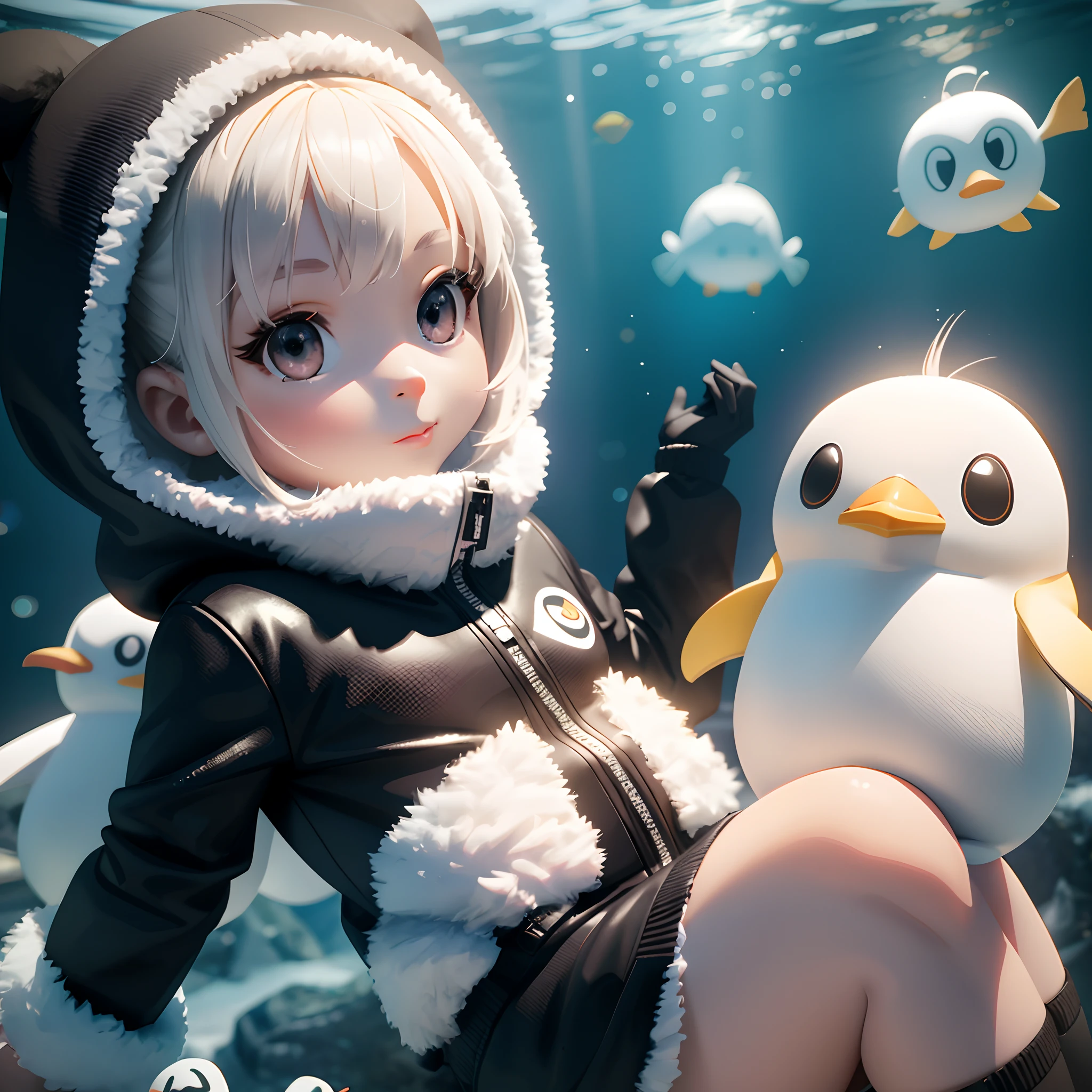 Anime girl in black jacket and white fur coat sitting next to penguin, render of a cute 3d anime girl, cute 3 d render, Guviz-style artwork, trending on cgstation, Cute detailed digital art, lovely digital painting, 3 D rendering character art 8 K, Ross Tran 8 K, adorable digital art