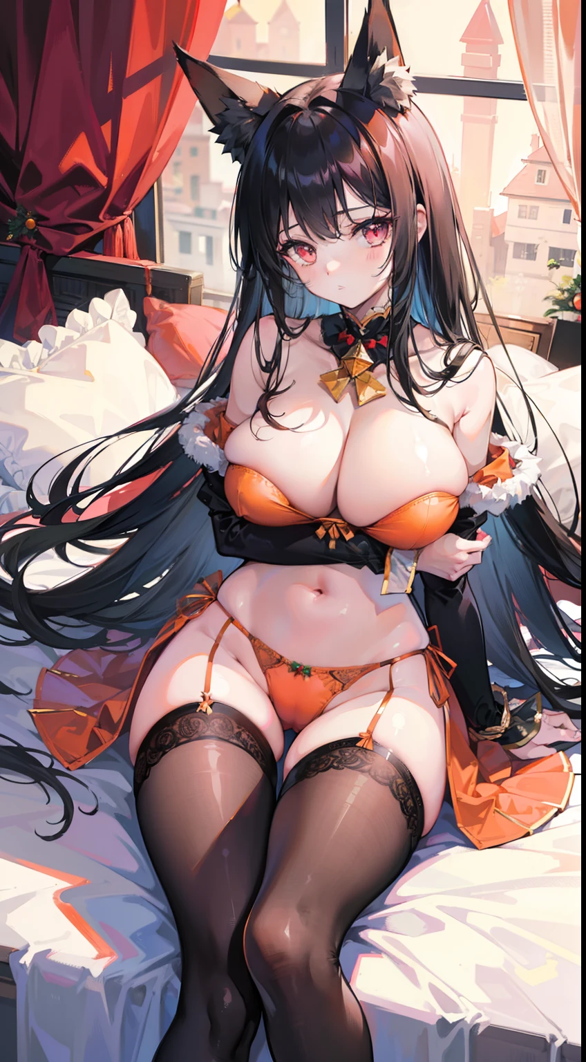 High quality, masterpiece, ultra-detailed, thighband pantyhouse, orange lingerie, 1girl, solo, peaceful expression, long black hair, enchanting pink eyes, fox ears, ridiculously large breasts, grabbing own breast, shiny skin, bedroom, christmas