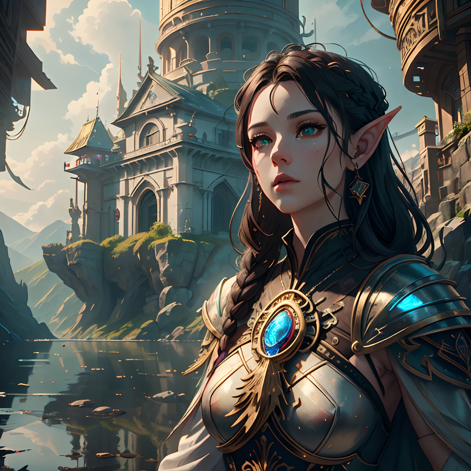arafed, high details, best quality, 8k, [ultra detailed], masterpiece, best quality, (extremely detailed), dynamic angle, ultra wide shot, RAW, photorealistic, fantasy art, d&d art, a wide angle picture of a half elf cleric in  a temple near the lake, female, half elf (Masterpiece 1.5, intense details), black haired, green eyes, braided hair, long hair (Masterpiece, intense details), [small pointed ears], cleric, templar (1.3 Masterpiece, intense details dnd art), ultra detailed face, casting a spell (1.4 Masterpiece, intense details dnd art), wearing white plate mail armor with sigils ( 1.5 Masterpiece, intense details) GlowingRunes_paleblue, carrying flaming sword (Masterpiece 1.5, intense details), wearing white cloak with sigils (Masterpiece 1.4, intense details), holy symbol, standing near a lake (Masterpiece 1.5, intense details), dawn light, backlight, dynamic angle, reflection (1.5 Masterpiece, intense details) glowing light, high details , ray tracing, reflection light, silhouette, wide shot, panorama, Ultra-Wide Angle, high detail, award winning, best quality, HD, 8K, 3D rendering, high details, best quality, highres, ultra wide angle, 3D rendering, [[anatomically correct]]
