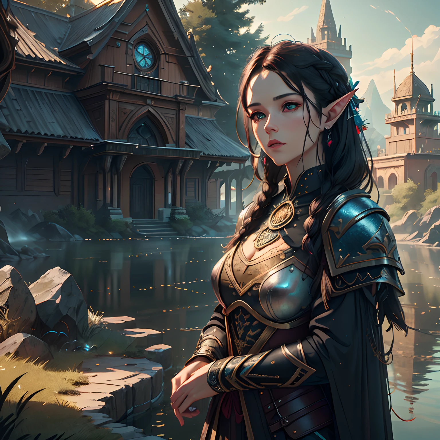 arafed, high details, best quality, 8k, [ultra detailed], masterpiece, best quality, (extremely detailed), dynamic angle, ultra wide shot, RAW, photorealistic, fantasy art, d&d art, a wide angle picture of a half elf cleric in  a temple near the lake, female, half elf (Masterpiece 1.5, intense details), black haired, green eyes, braided hair, long hair (Masterpiece, intense details), [small pointed ears], cleric, templar (1.3 Masterpiece, intense details dnd art), ultra detailed face, casting a spell (1.4 Masterpiece, intense details dnd art), wearing white plate mail armor with sigils ( 1.5 Masterpiece, intense details) GlowingRunes_paleblue, carrying flaming sword (Masterpiece 1.5, intense details), wearing white cloak with sigils (Masterpiece 1.4, intense details), holy symbol, standing near a lake (Masterpiece 1.5, intense details), dawn light, backlight, dynamic angle, reflection (1.5 Masterpiece, intense details) glowing light, high details , ray tracing, reflection light, silhouette, wide shot, panorama, Ultra-Wide Angle, high detail, award winning, best quality, HD, 8K, 3D rendering, high details, best quality, highres, ultra wide angle, 3D rendering, [[anatomically correct]]