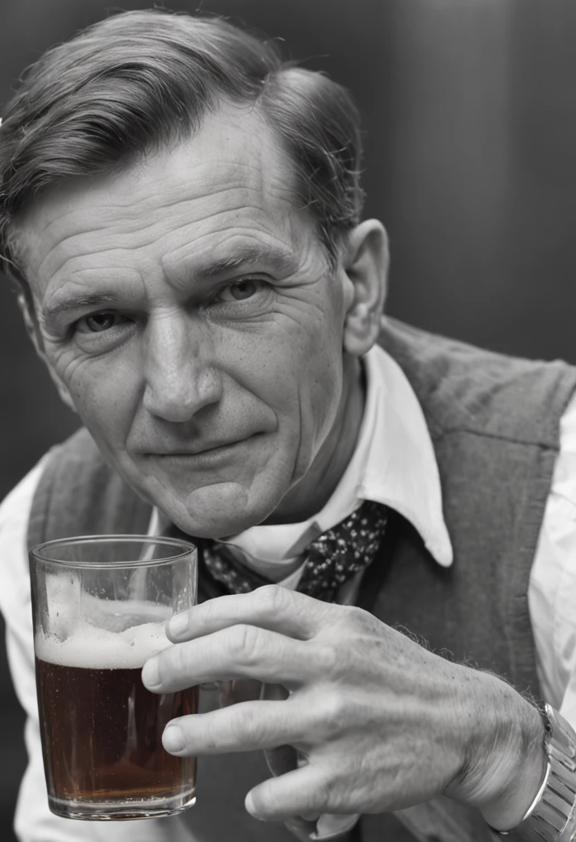 A man is sitting at the bar with whiskey in front of him, <lora:good_old_days:0.7>, old photograph