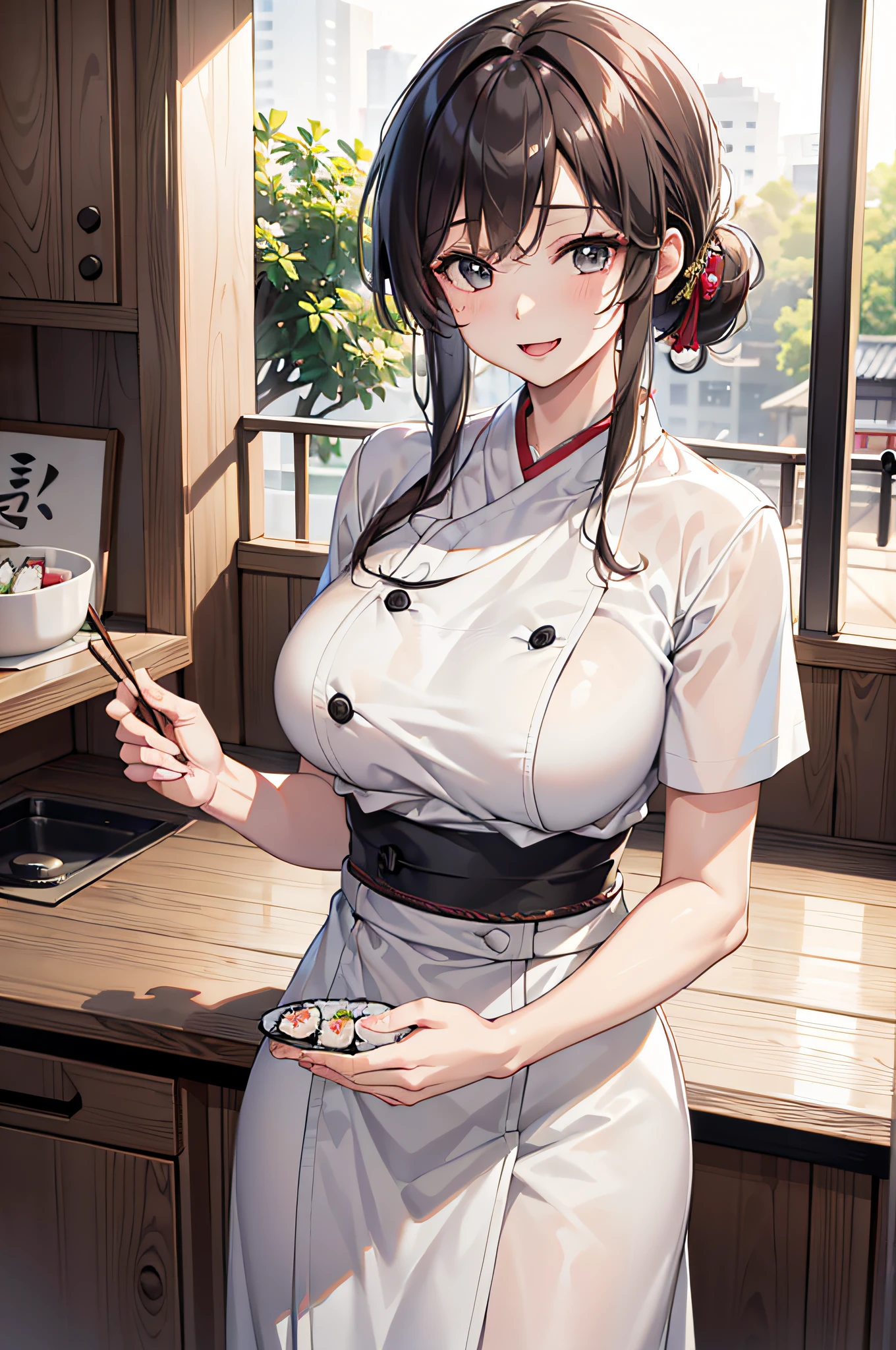 (Best quality, 8k, 32k, Masterpiece, UHD:1.2), (realistic:1.5), (masterpiece, Extremely detailed CG unity 8k wallpaper, best quality, highres:1.2), (ultra detailed, UHD:1.2), (cowboy shot:1.3), (anime style illustration:1.3), (seductive anime waifu:1.3), (ultra-detailed:1.3), (hyper-sharp:1.3), (insanely detailed:1.3),
BREAK,
(1girl:1.3, solo), (Sushi-Chef:1.3), single Chignon hair style, mahogany hair, attractive look, (Korean actress face:1.3), (Japanese idol face:1.3), pretty face, cute,
BREAK,
(white Japanese Chef clothes:1.3), (Chef clothes:1.3),
BREAK
(cooking in the kitchen:1.3), (cooking the sushi:1.3), (at Japanese Sushi restaurant:1.3), (in the kitchen counter:1.3), indoor, cinematic light, cute, happy, seductive smile, :d, ;p, attractive emotion,
BREAK, best ratio four finger and one thumb, perfect anatomy, perfect proportion,