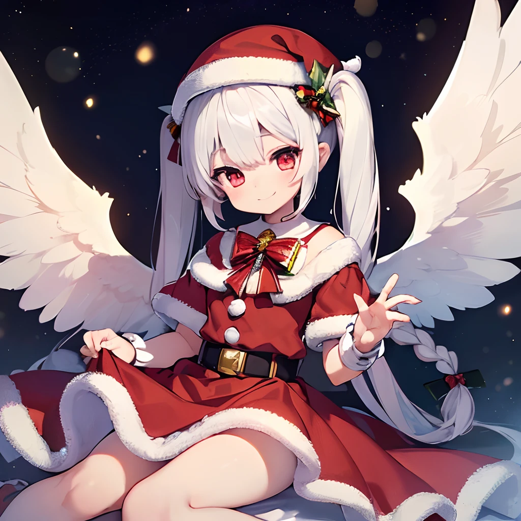 (best quality, masterpiece:1.3), illustrations, anime, very high resolution, large filesize, full color, beautiful detailed glow, front light, 1toddler, solo, Christmas, santa costume, (Santa hat), ((magical girl)), Christmas decorations, smiling, white hair, red eyes, (twintail), braid twin tail, (angel wings), dynamic angle, magic, battling,