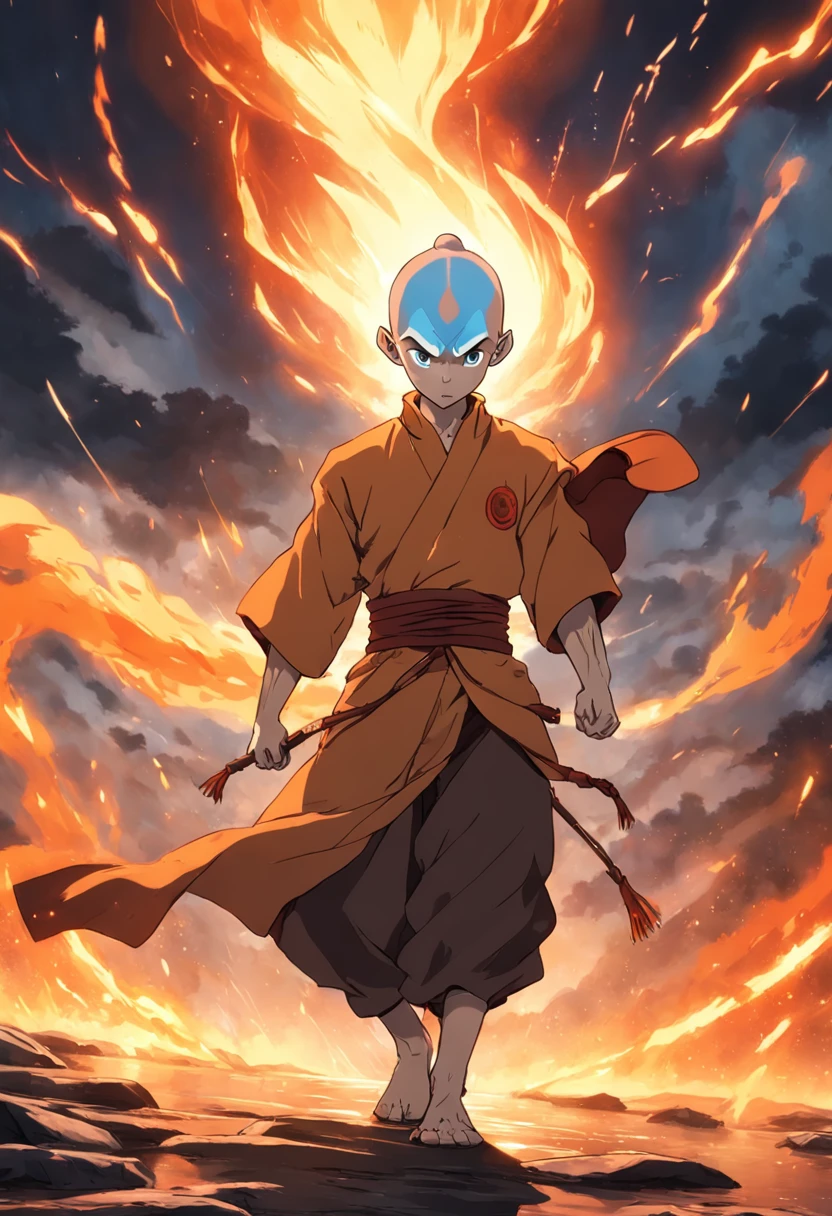 dobrador de fogo inspiradoe na lenda de aang , 4k , ultra realista , muitos detalhes , com cara de mal , cenario destruidor