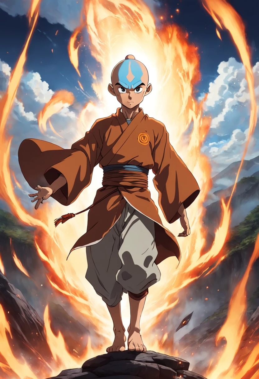 dobrador de fogo inspiradoe na lenda de aang , 4k , ultra realista , muitos detalhes , com cara de mal , cenario destruidor
