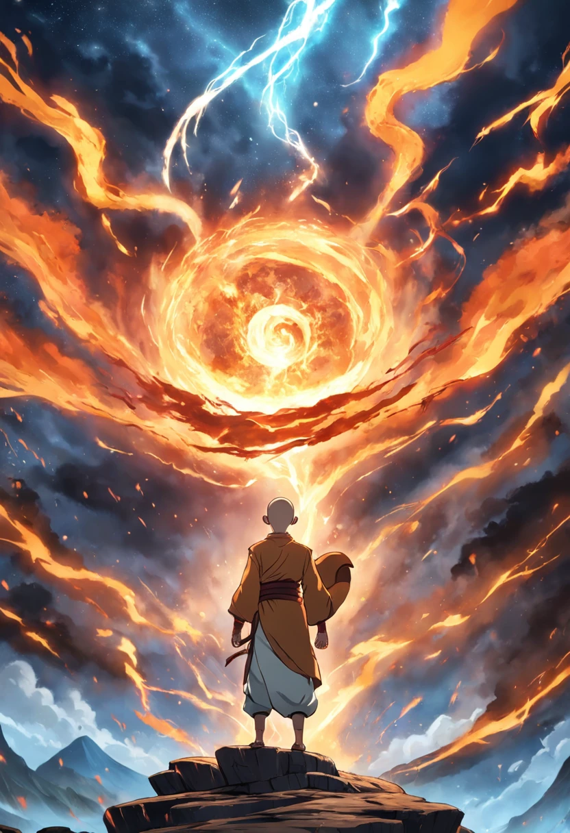 dobrador de fogo inspiradoe na lenda de aang , 4k , ultra realista , muitos detalhes , com cara de mal , cenario destruidor